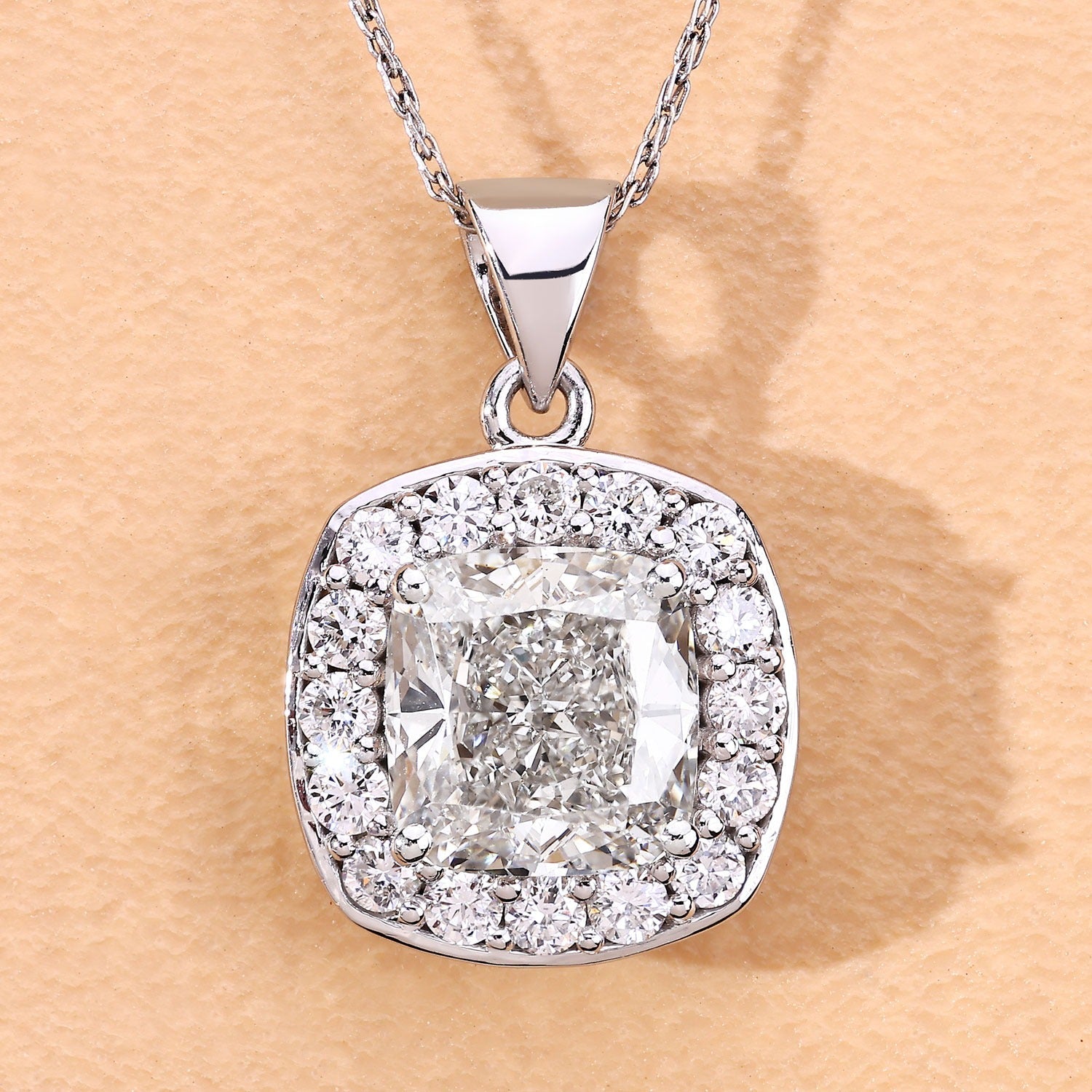 3.50 Ct Cushion Cut Lab Diamond Prong Platinum Halo Bridal Pendant