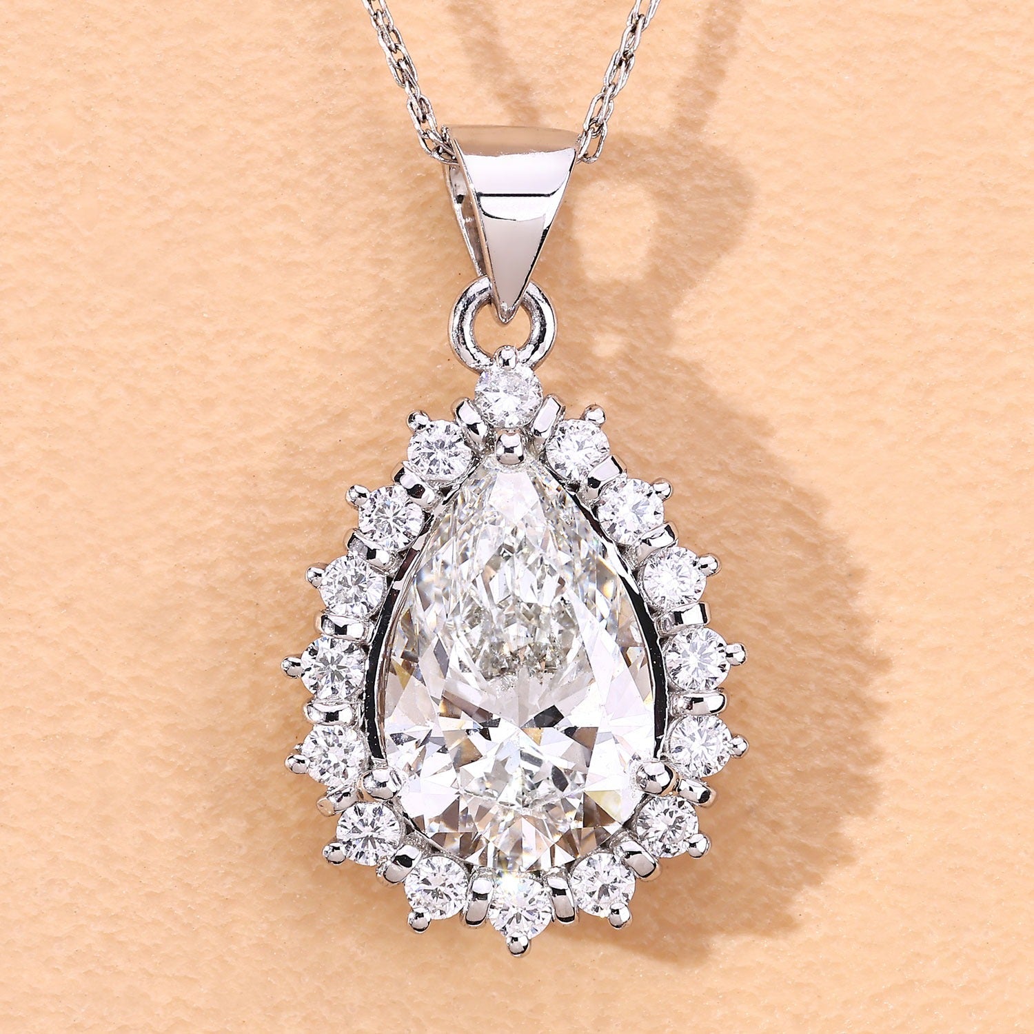 3.56 Ct Pear Lab Diamond Prong Platinum Halo Floral Teardrop Bridal Pendant