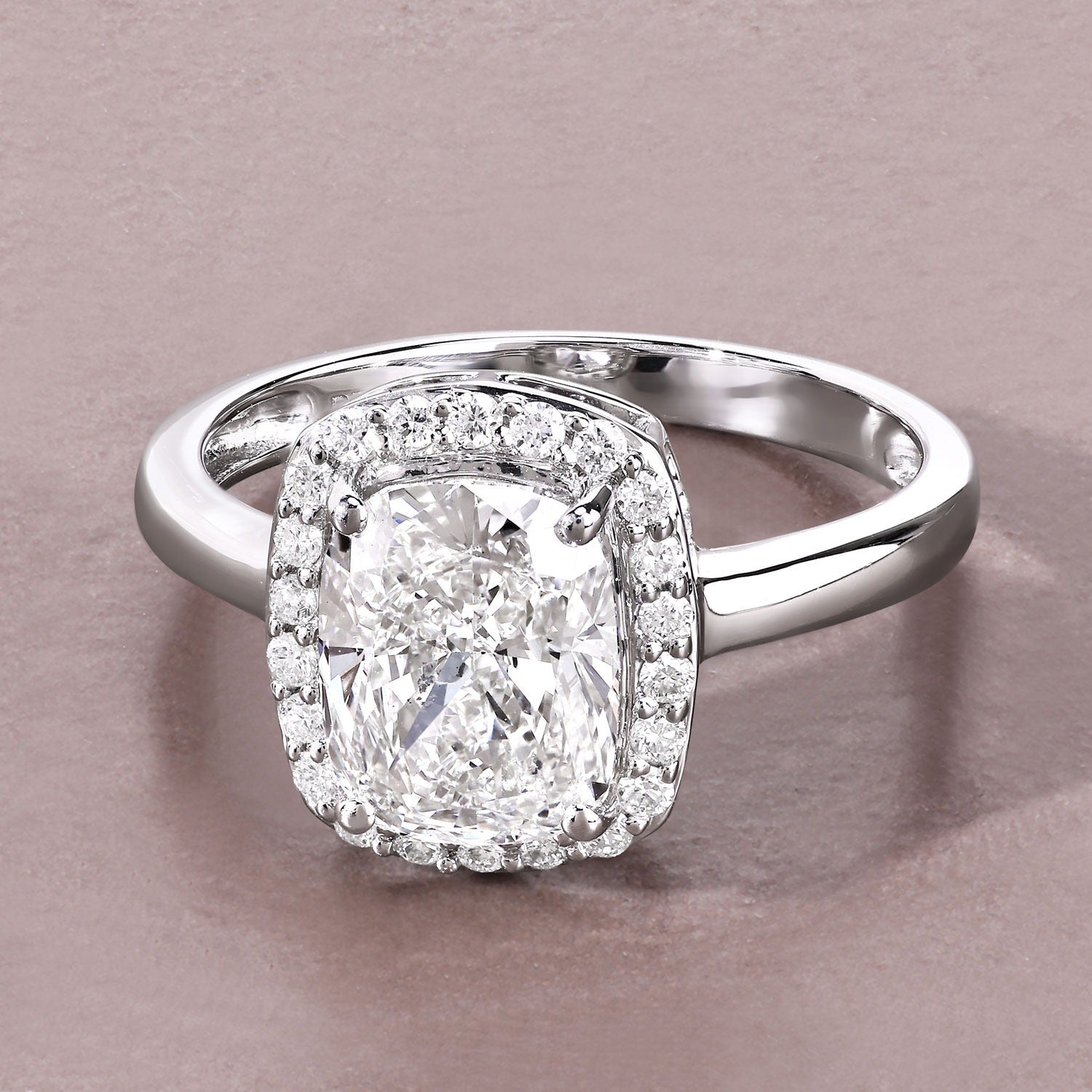 2.74 Ct Cushion Lab Grown Diamond Prong Platinum Bridal Halo Ring