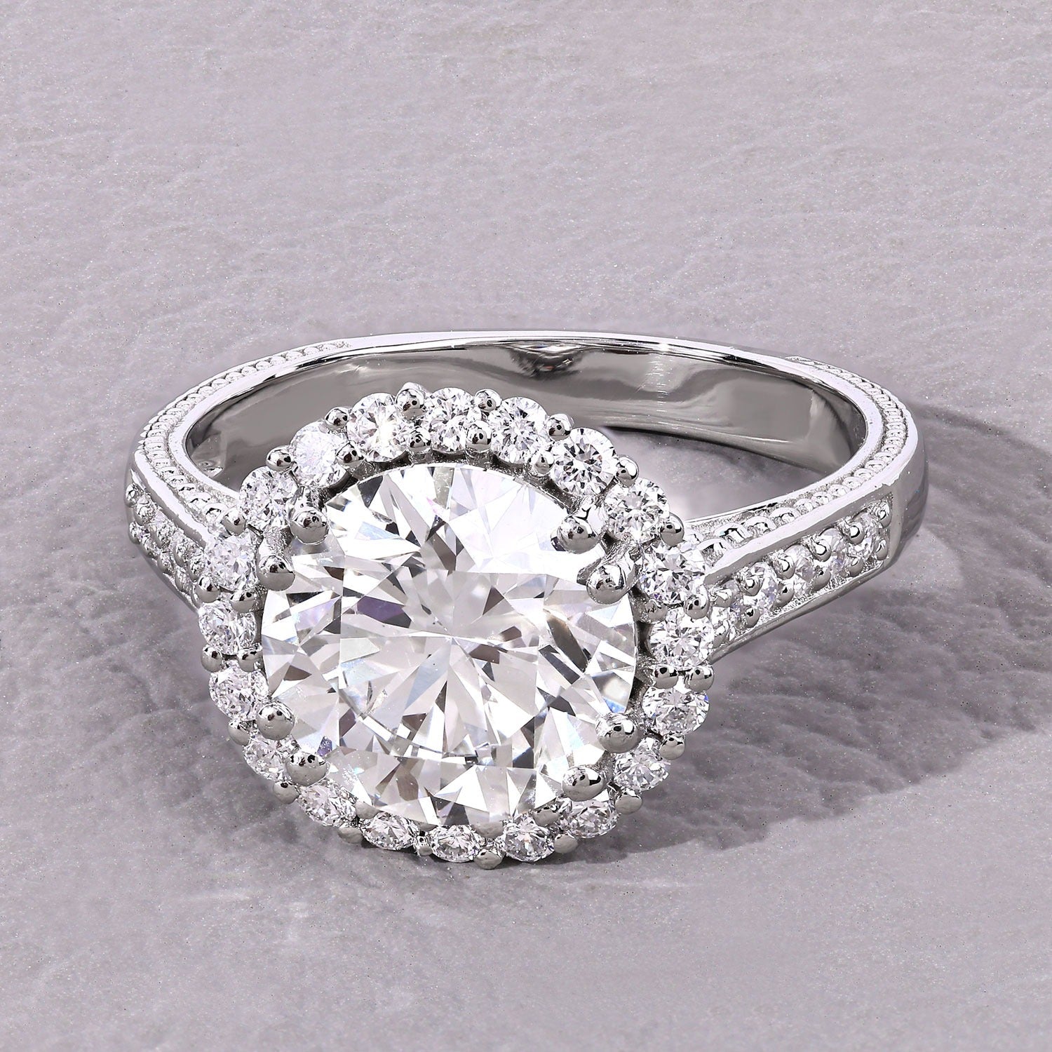 3.64 Ct Round Lab Diamond Platinum Bridal Halo Pave Cathedral Ring