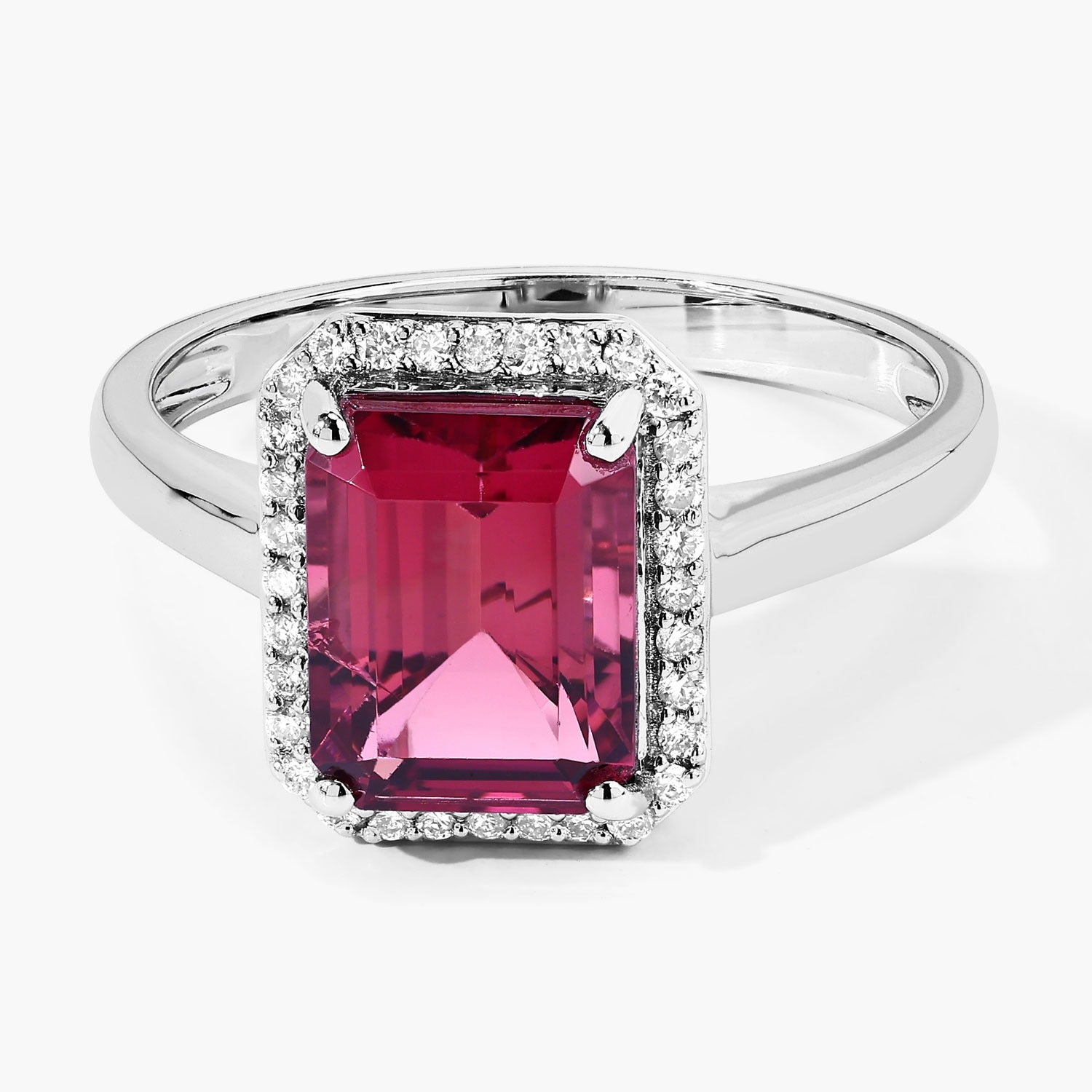 Red Genuine Rubellite and White Diamond 14K Gold Octagon Halo Ring Fine Color Jewels