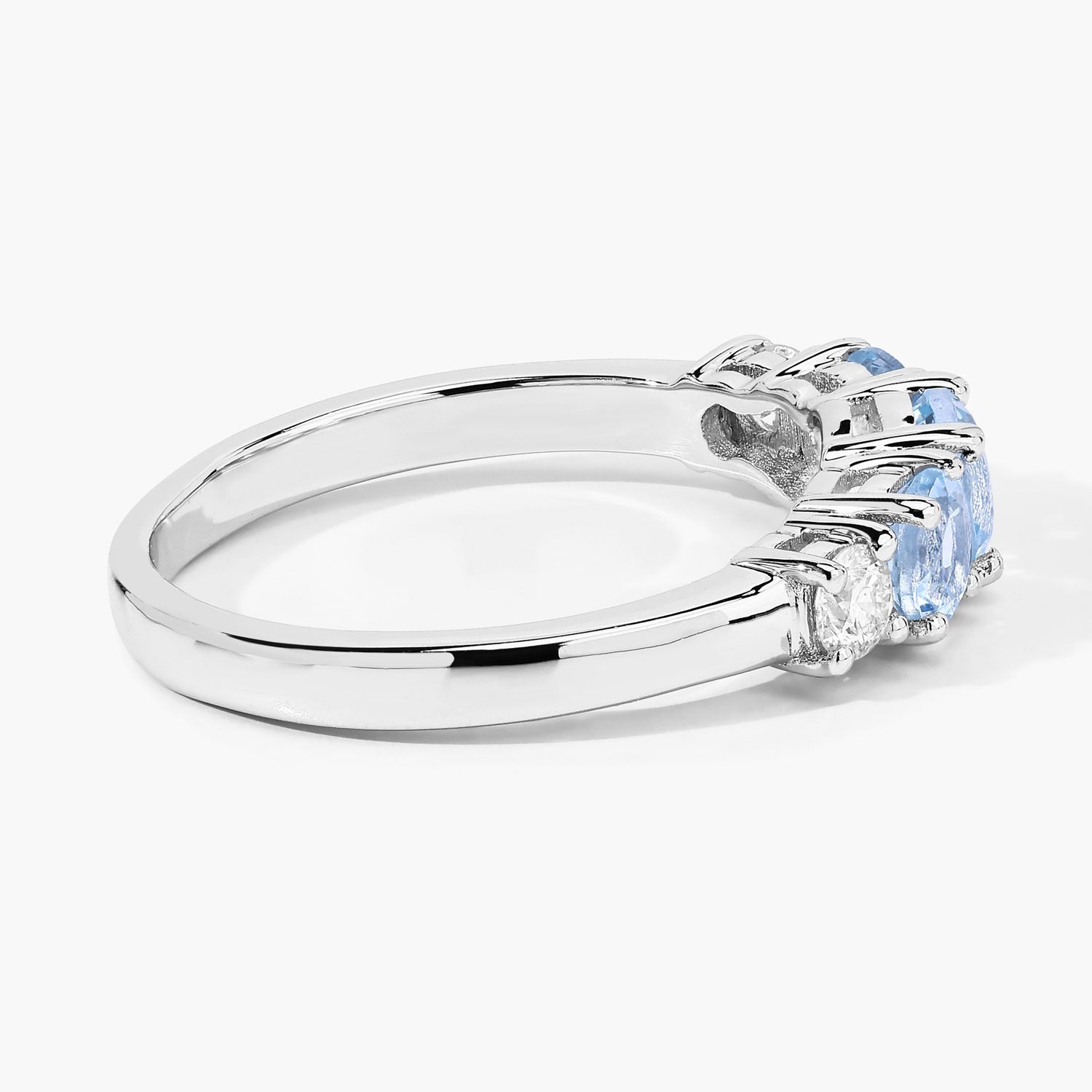 1.04 Ct Genuine Round Aquamarine and Lab Grown Diamond Sterling Silver 5 Stone Ring