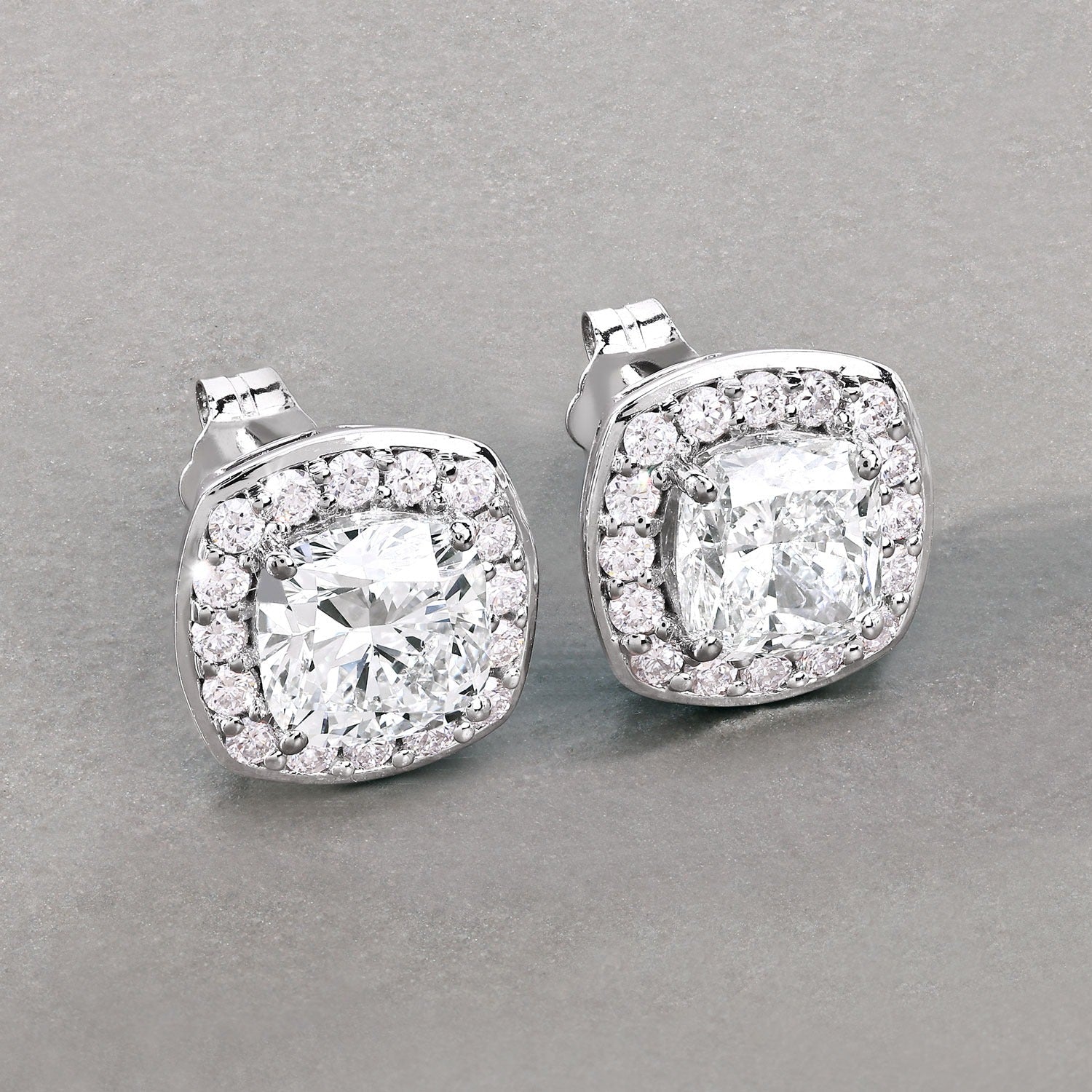 Cushion Lab Grown Diamond Prong Platinum Bridal Halo Stud Earrings