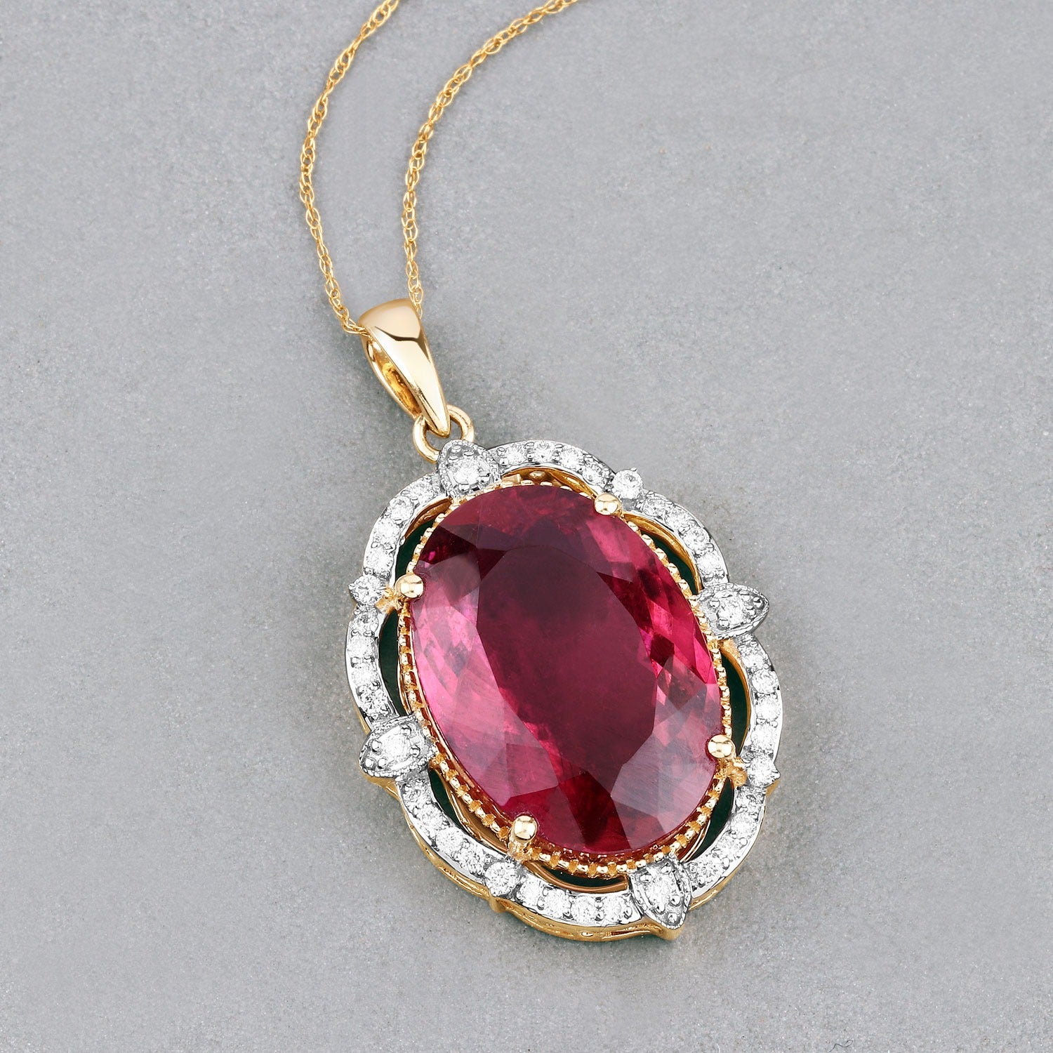 Genuine Rubellite and White Diamond 14K Yellow Gold Oval Pendant Fine Color Jewels