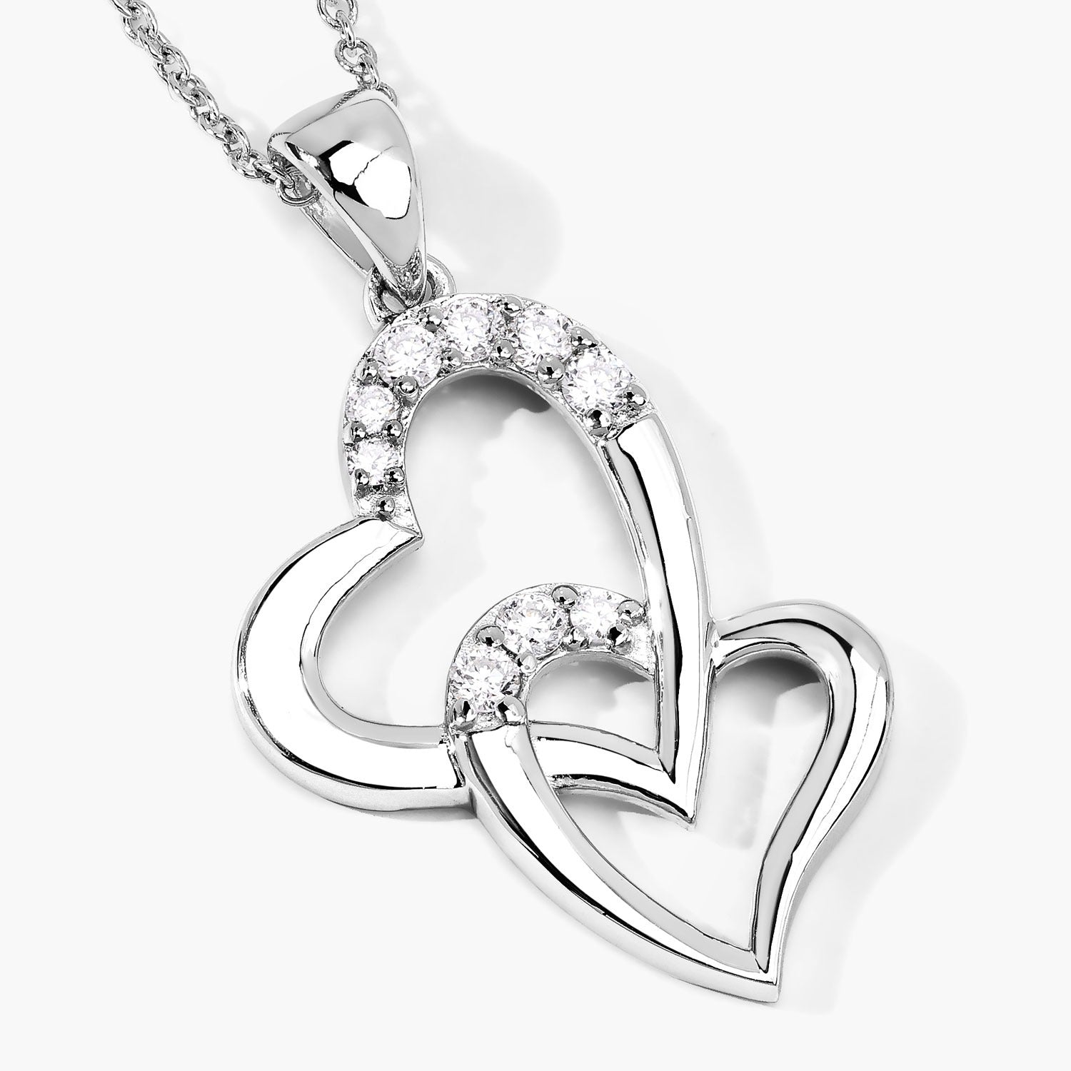 0.26 Cttw Round Lab Diamond Prong Rhodium Plated Silver Intertwined Double Heart Pendant