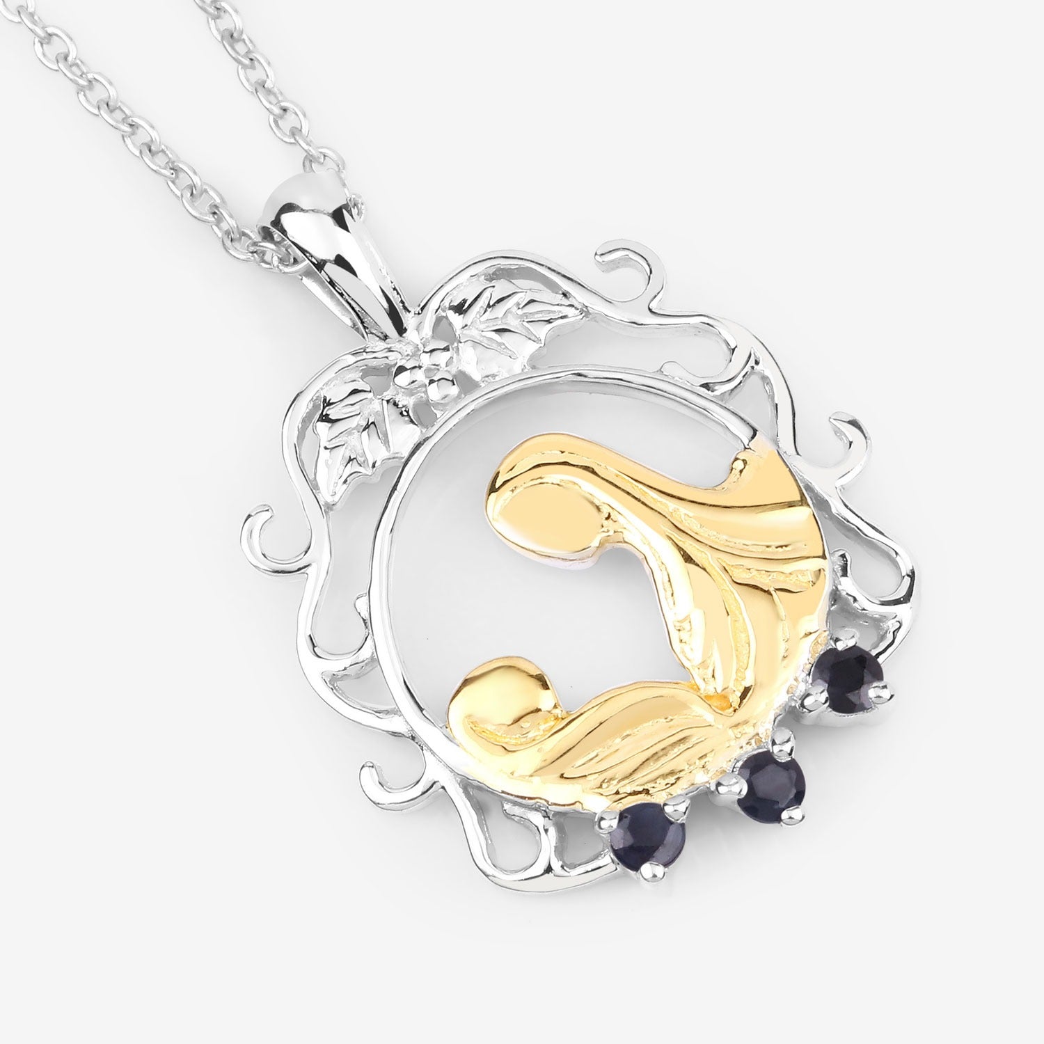 Round Blue Sapphire Prong Silver Pendant Necklace