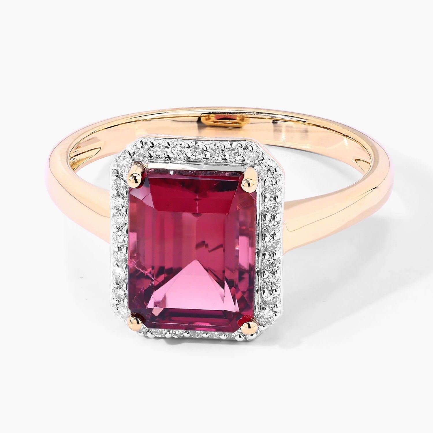 Red Genuine Rubellite and White Diamond 14K Gold Octagon Halo Ring Fine Color Jewels