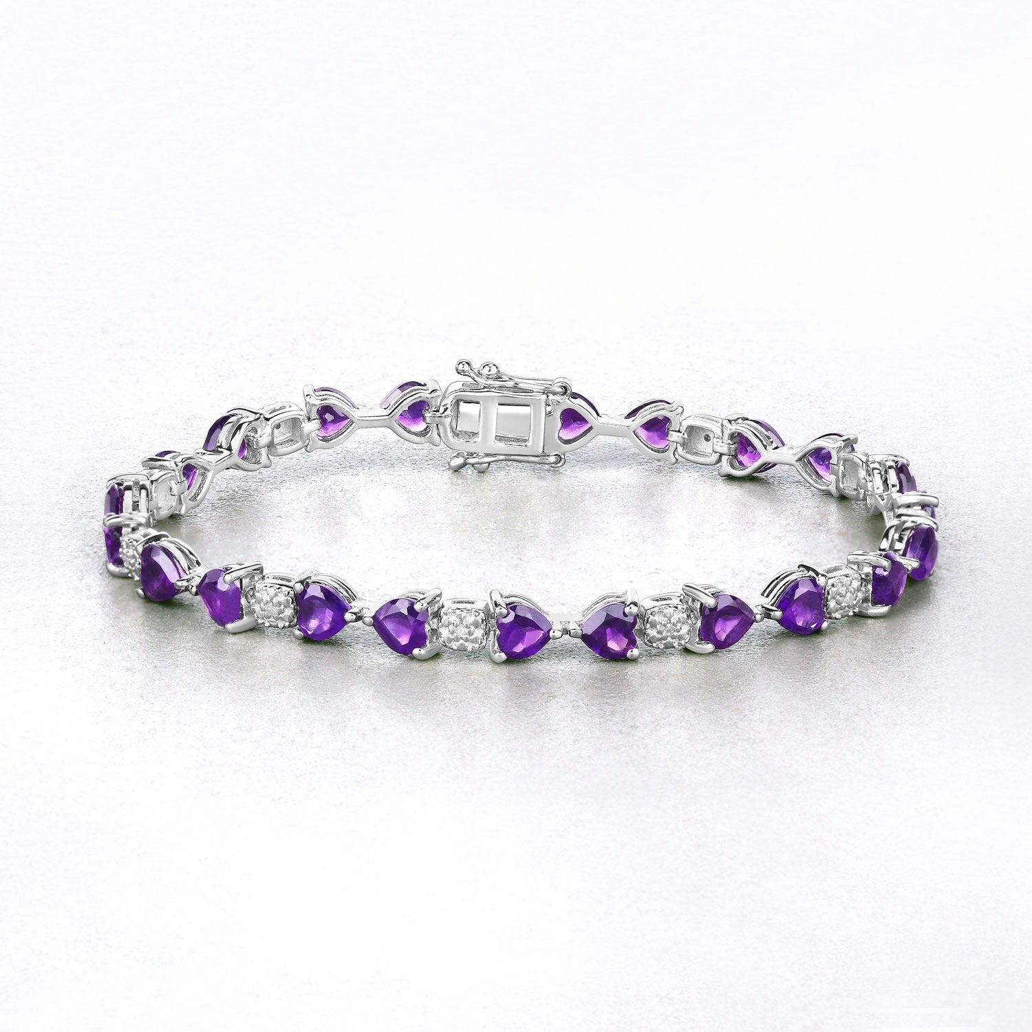 Genuine Amethyst and Diamond Silver Heart Bracelet