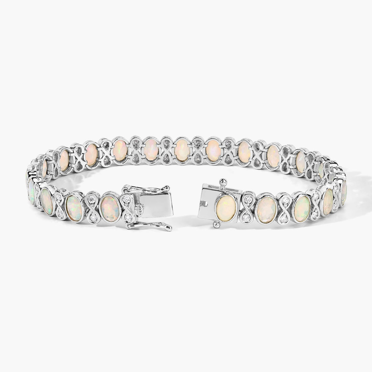 6.25 Cttw Oval White Ethiopian Opal Lab Grown Diamond Sterling Silver Tennis Infinity Bracelet