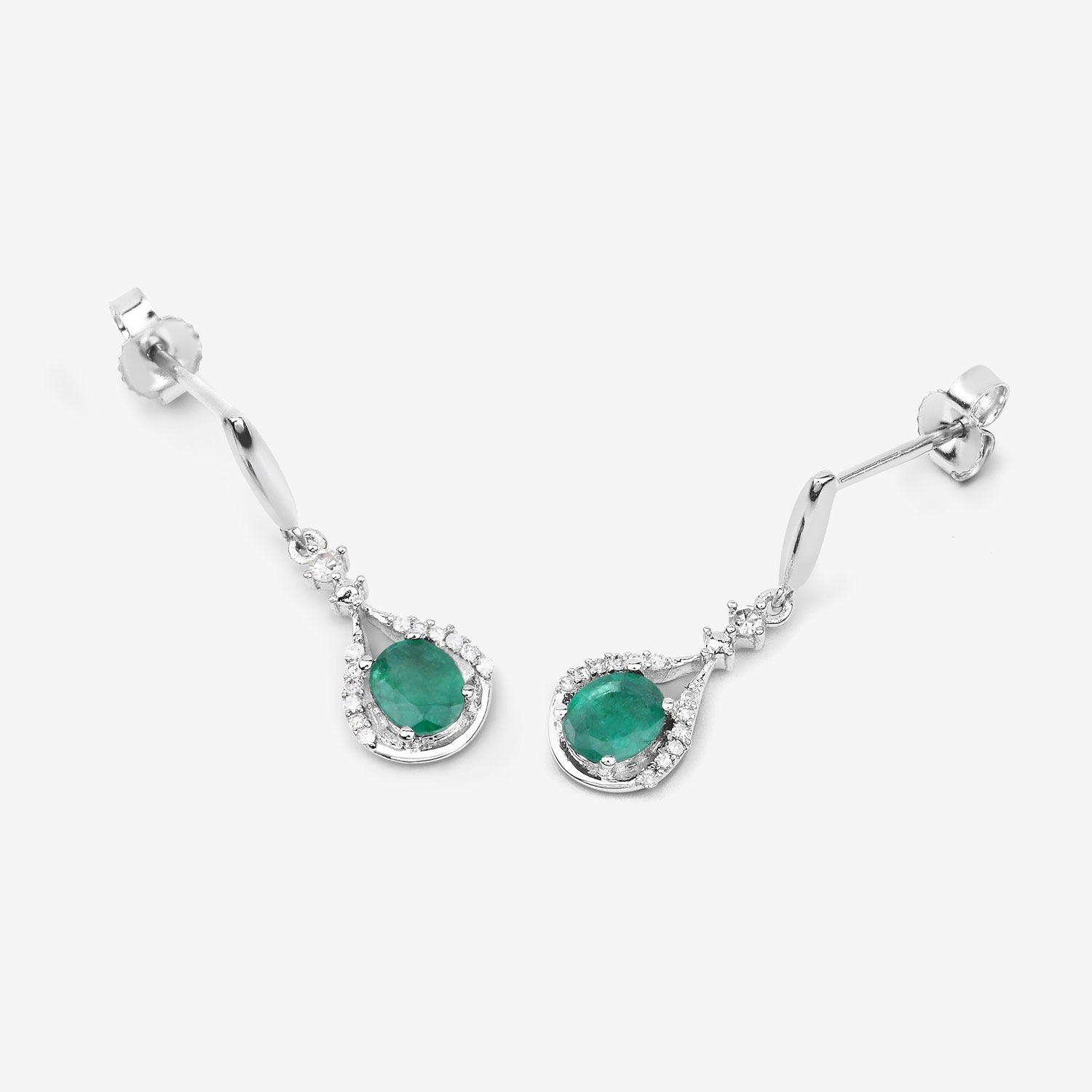 0.70 Ct Oval Green Zambian Emerald and Diamond 14K White Gold Dangle Drop Earrings