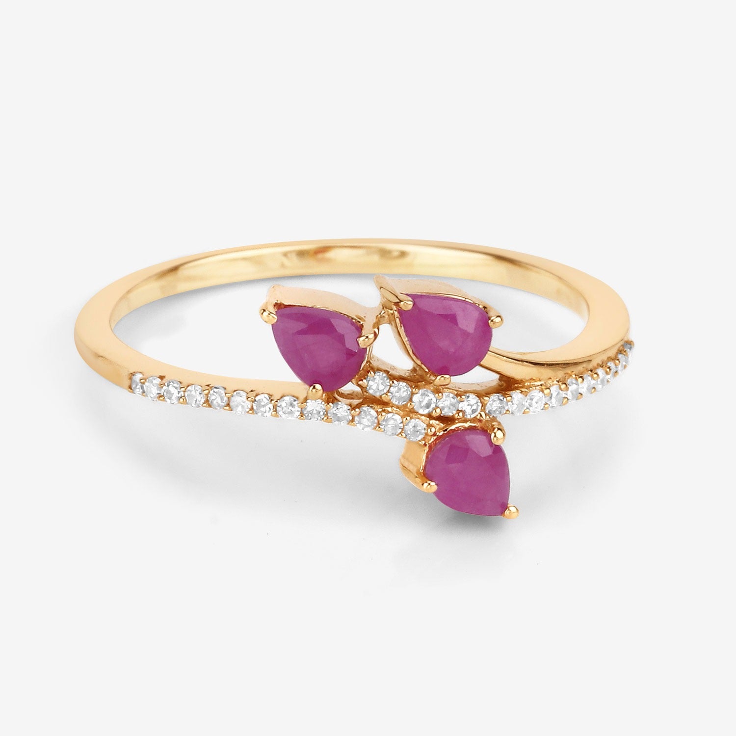 0.68 Ct Pear Shaped Pink Ruby and White Diamond Prong 14K Yellow Gold Bypass Toi et Moi Ring