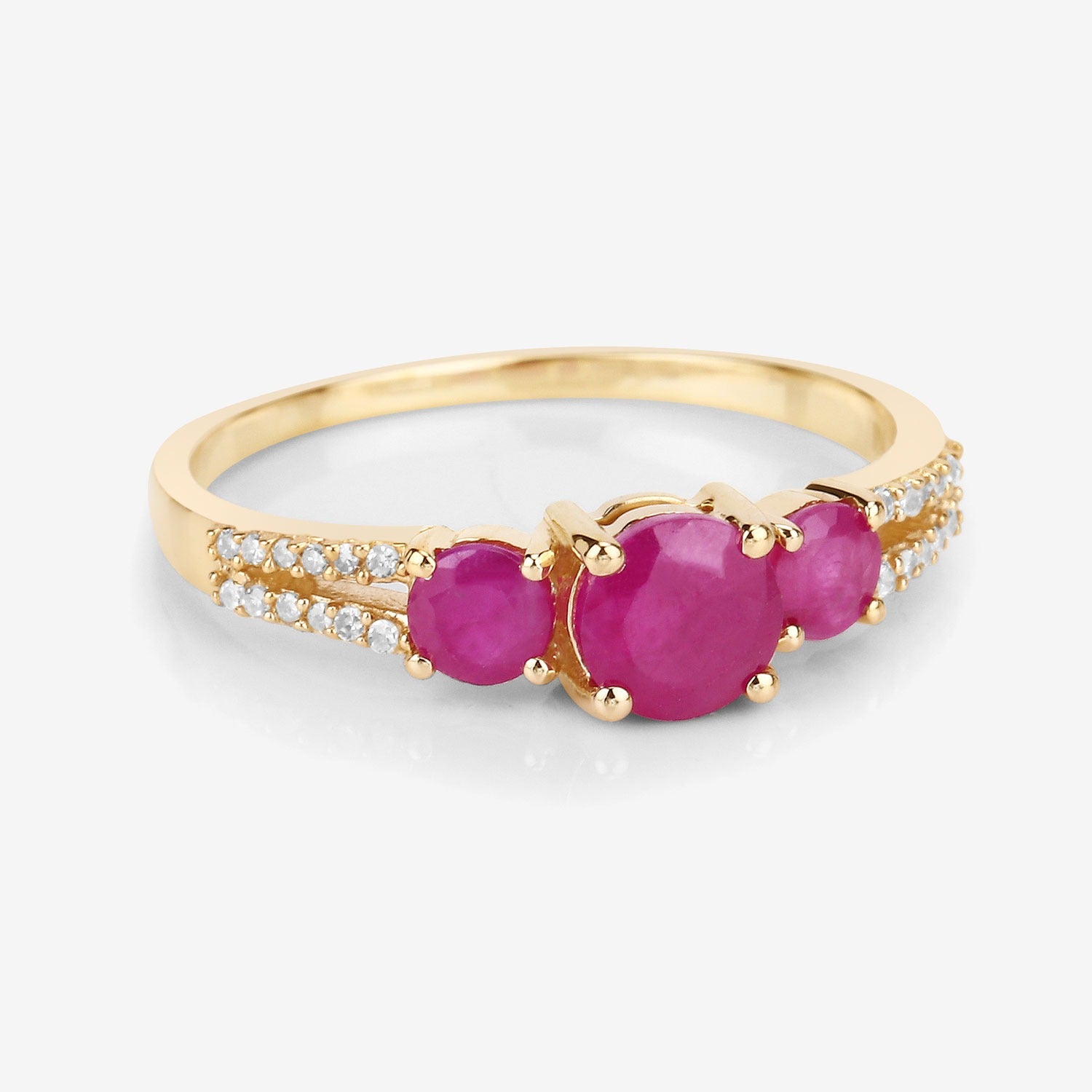 1.02 Ct Round Three Stone Pink Ruby and White Diamond Prong 14K Yellow Gold Split Shank Ring