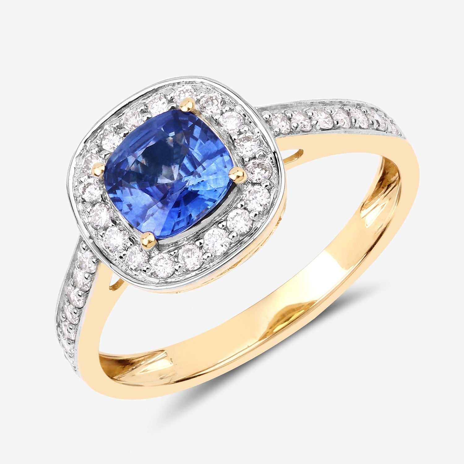 1.31 Ct Cushion Blue Sapphire and White Diamond Prong 18K Yellow Gold Halo Pave Bridge Ring