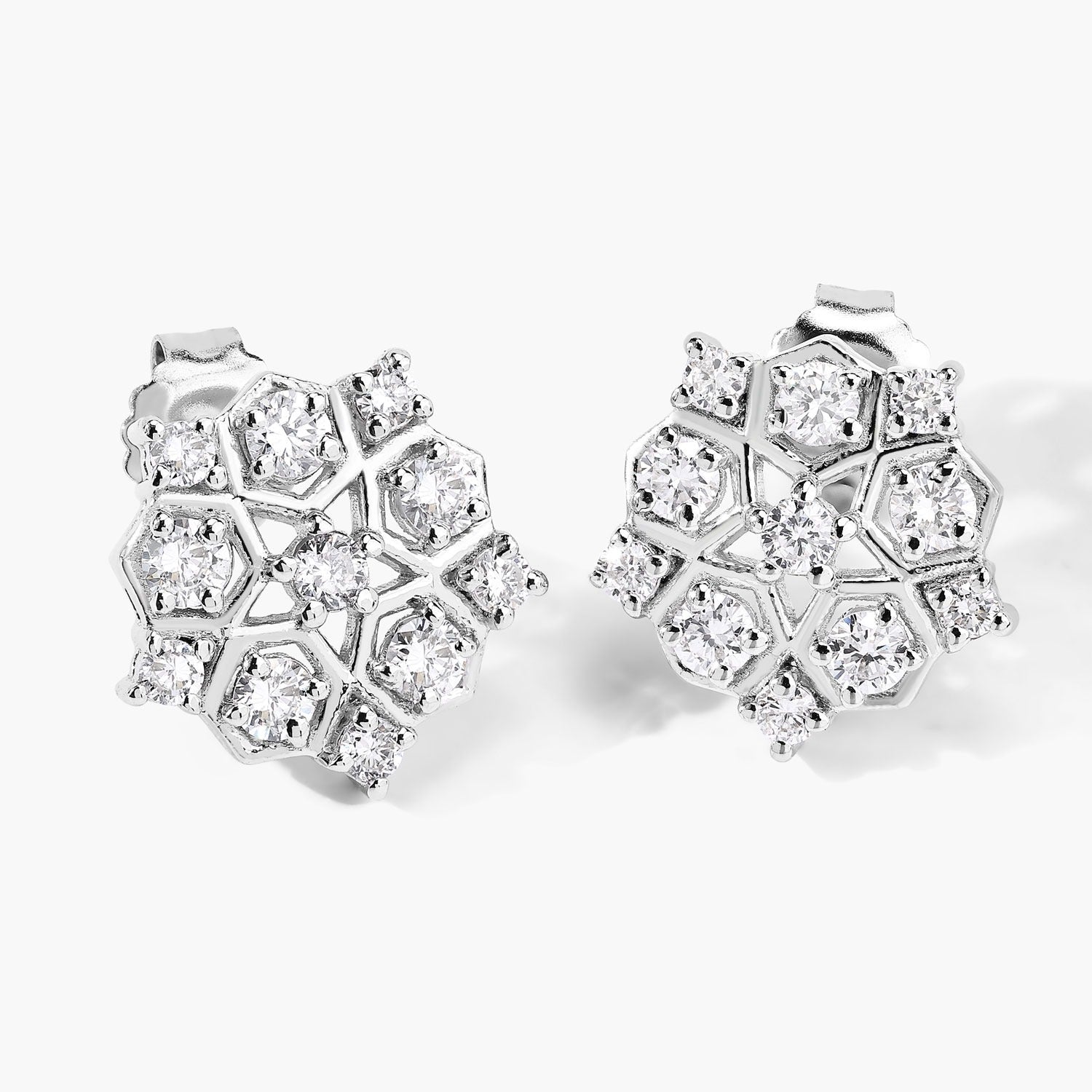 1.00 Cttw Round White Lab Diamond Prong Rhodium Plated Silver Hexagon Cluster Stud Earrings