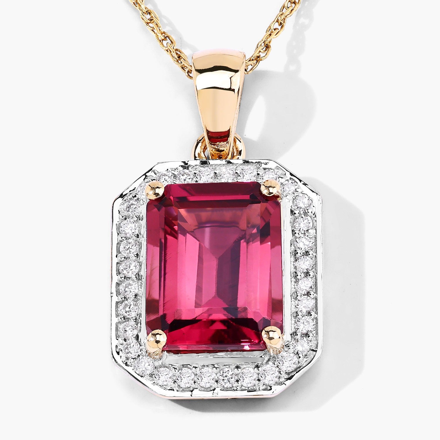 Red Genuine Rubellite and White Diamond 14K Yellow Gold Halo Pendant Fine Color Jewels