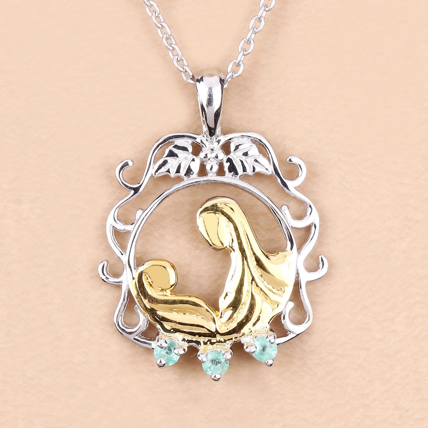 Round Green Emerald Prong Silver Pendant Necklace