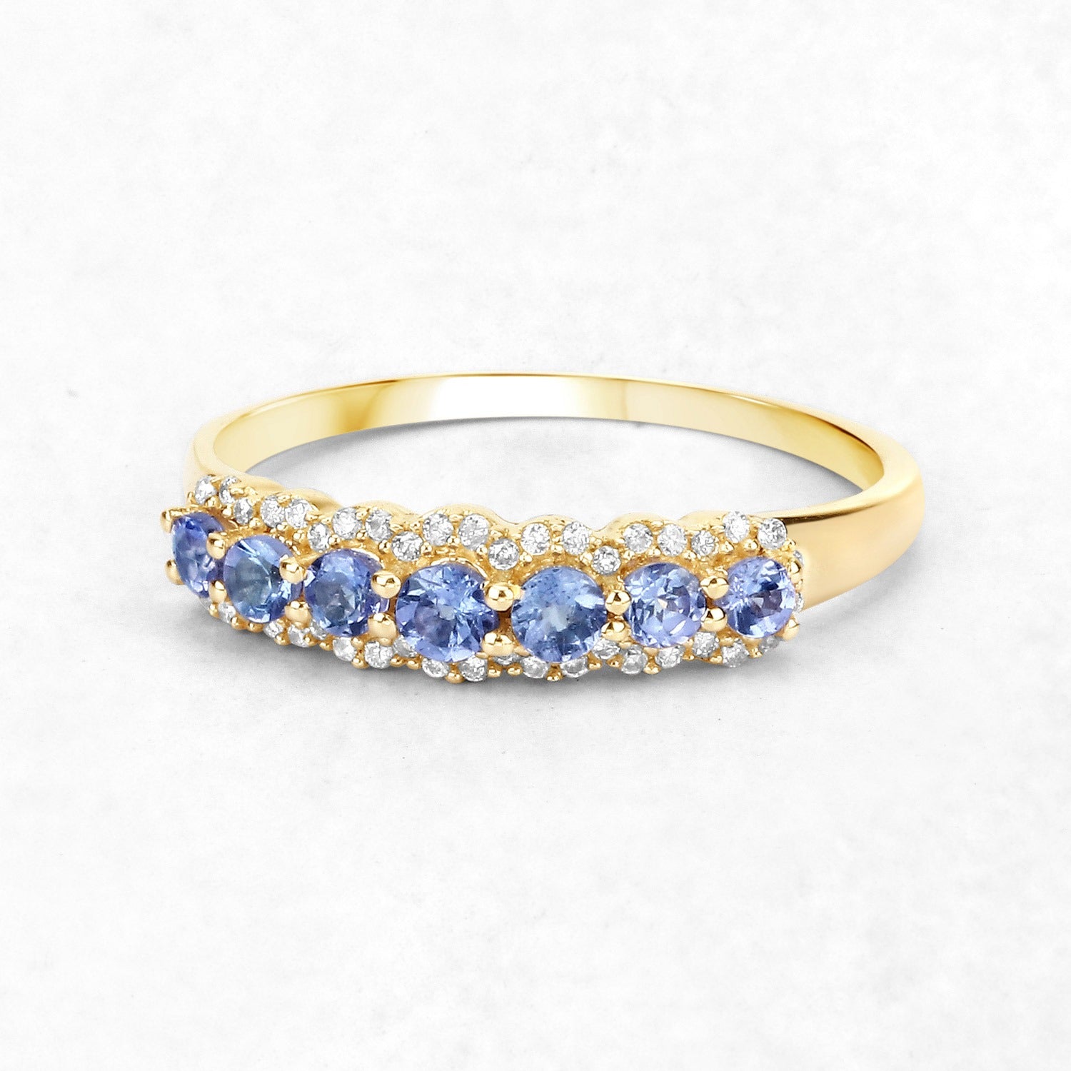 0.38 Ct Round Violet Tanzanite Diamond Prong 14K Yellow Gold Half Eternity Halo Band Ring