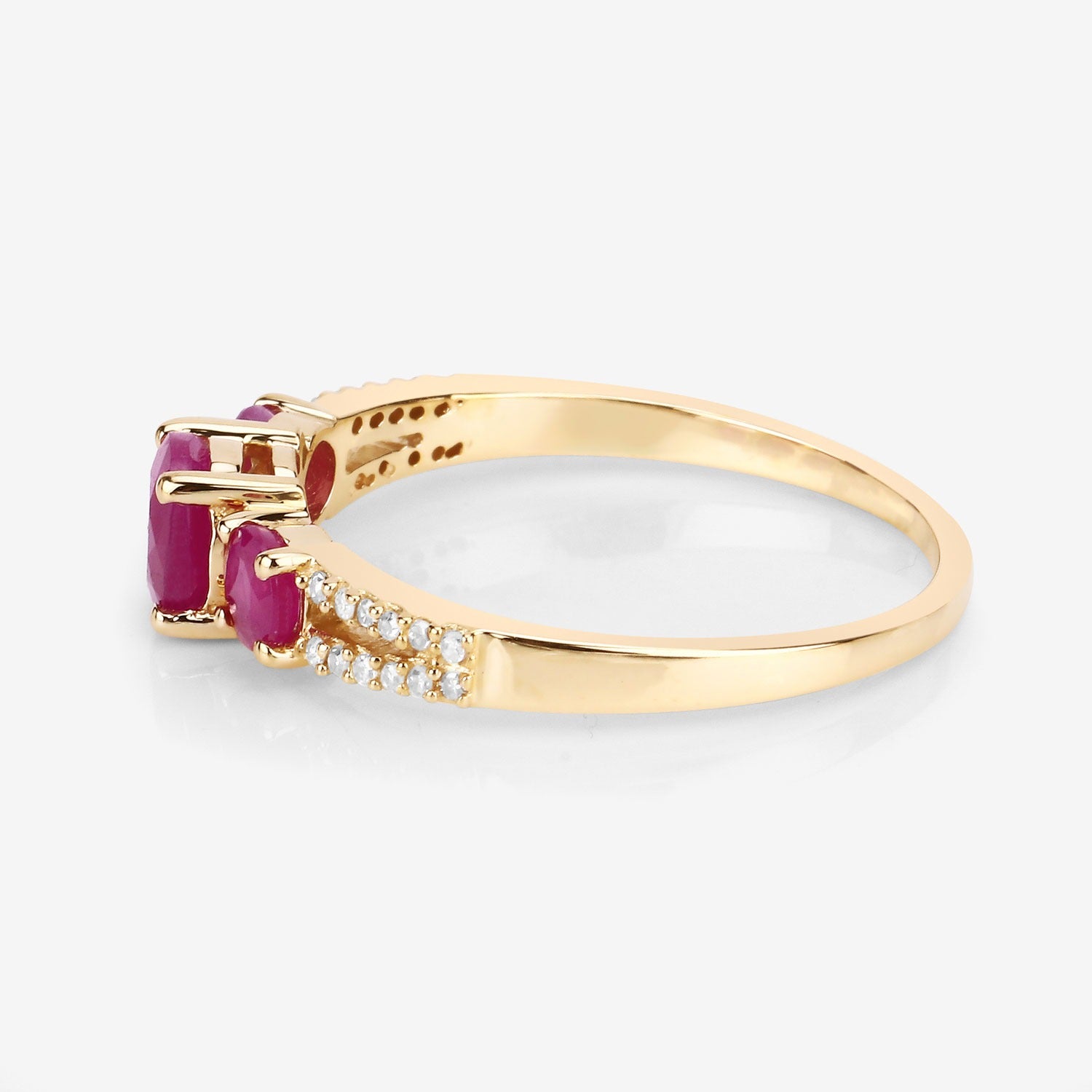1.02 Ct Round Three Stone Pink Ruby and White Diamond Prong 14K Yellow Gold Split Shank Ring
