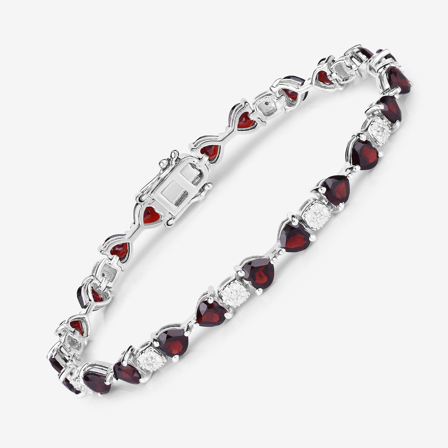 Genuine Red Garnet and Diamond Silver Heart Bracelet