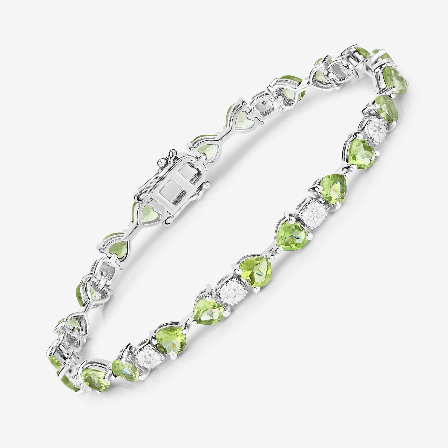 Silver bracelet with green peridot gemstones and white diamonds, Fine Color Jewels handcrafted jewelry