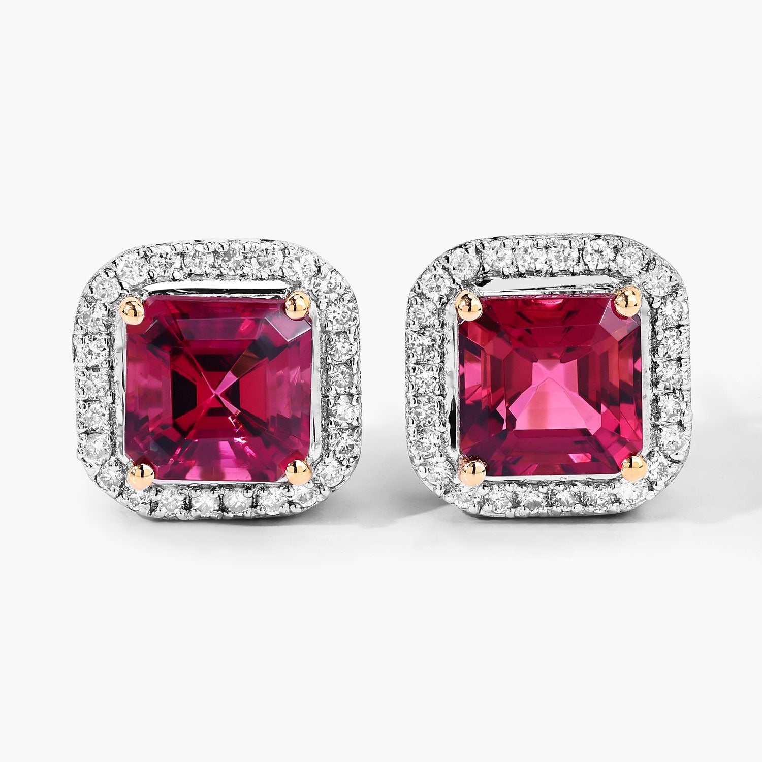 Red Rubellite and White Diamond 14K Gold Stud Earrings