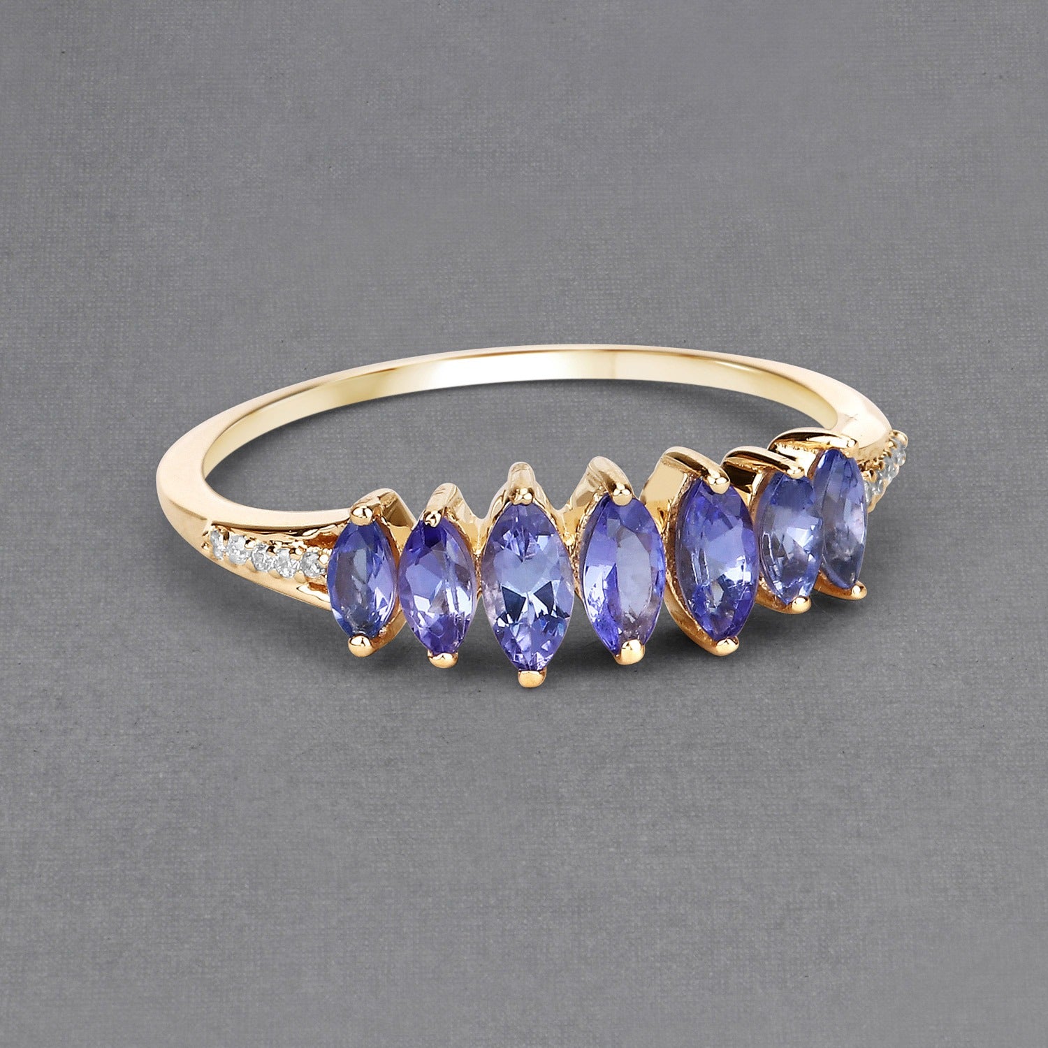 0.76 Ct Marquise Tanzanite and White Diamond Prong 14K Yellow Gold Statement Ring