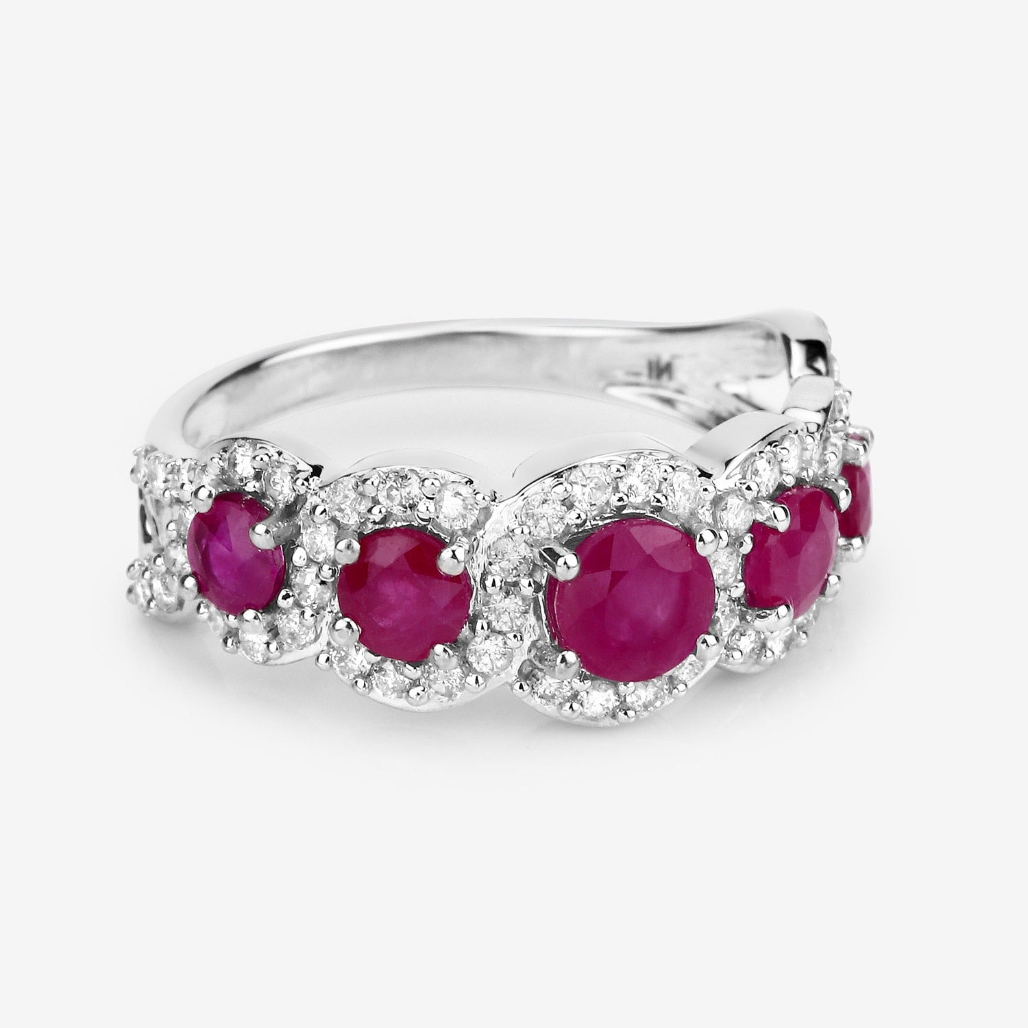 1.99 Ct Round Cut Pink Ruby and White Diamond Prong 14K White Gold Five Stone Halo Ring