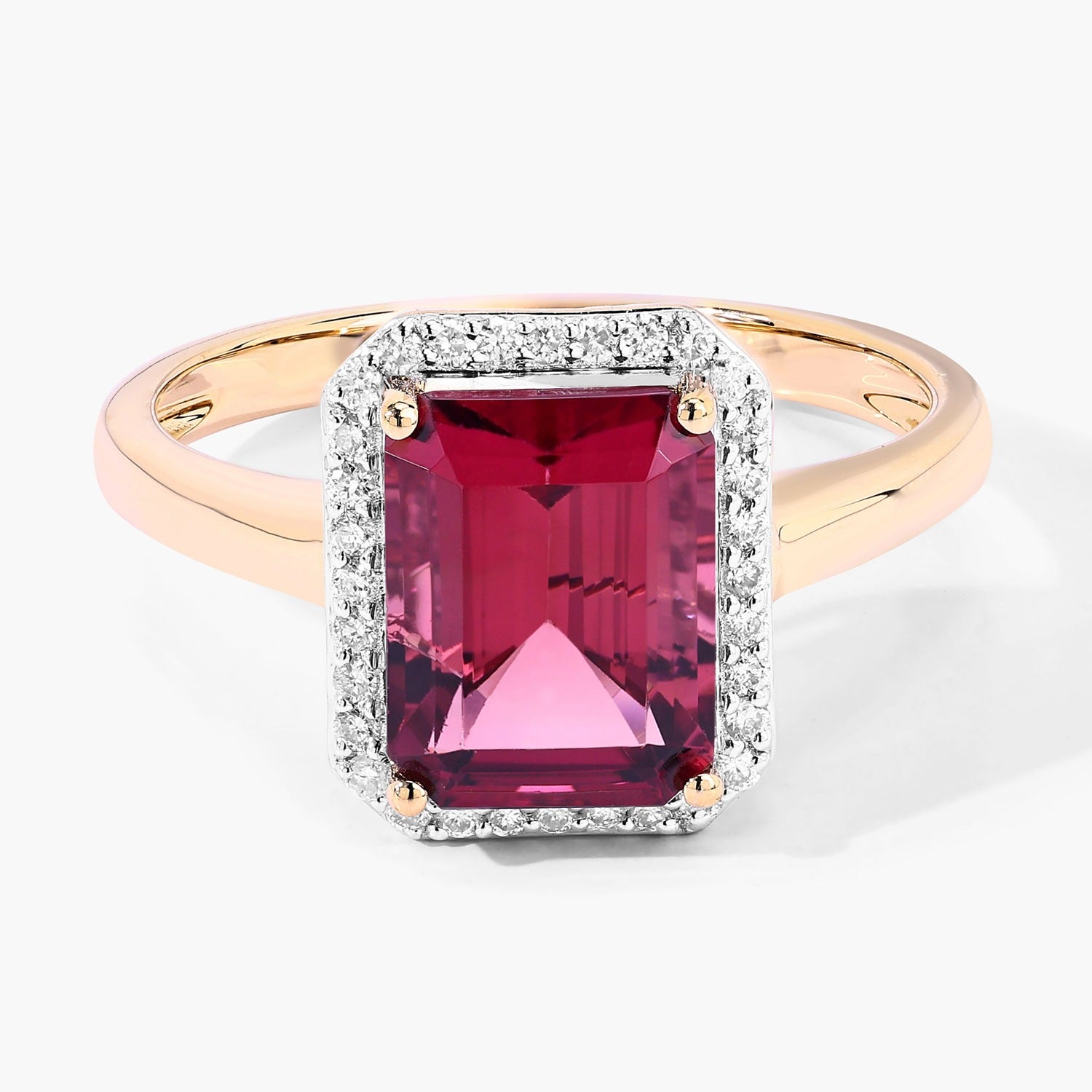 Red Genuine Rubellite and White Diamond 14K Gold Octagon Halo Ring Fine Color Jewels