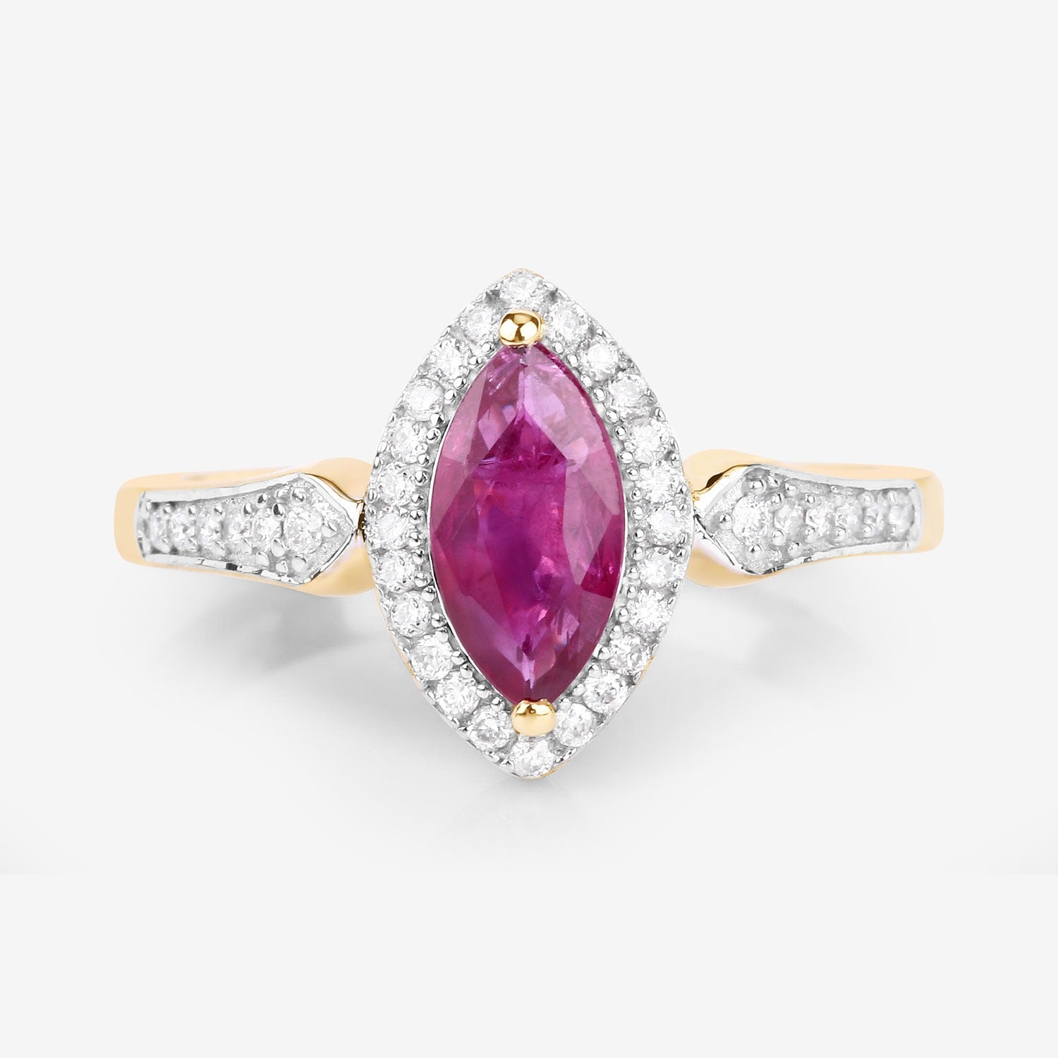 1.14 Ct Marquise Cut Pink Ruby and White Diamond Prong 14K Yellow Gold Halo Pave Ring