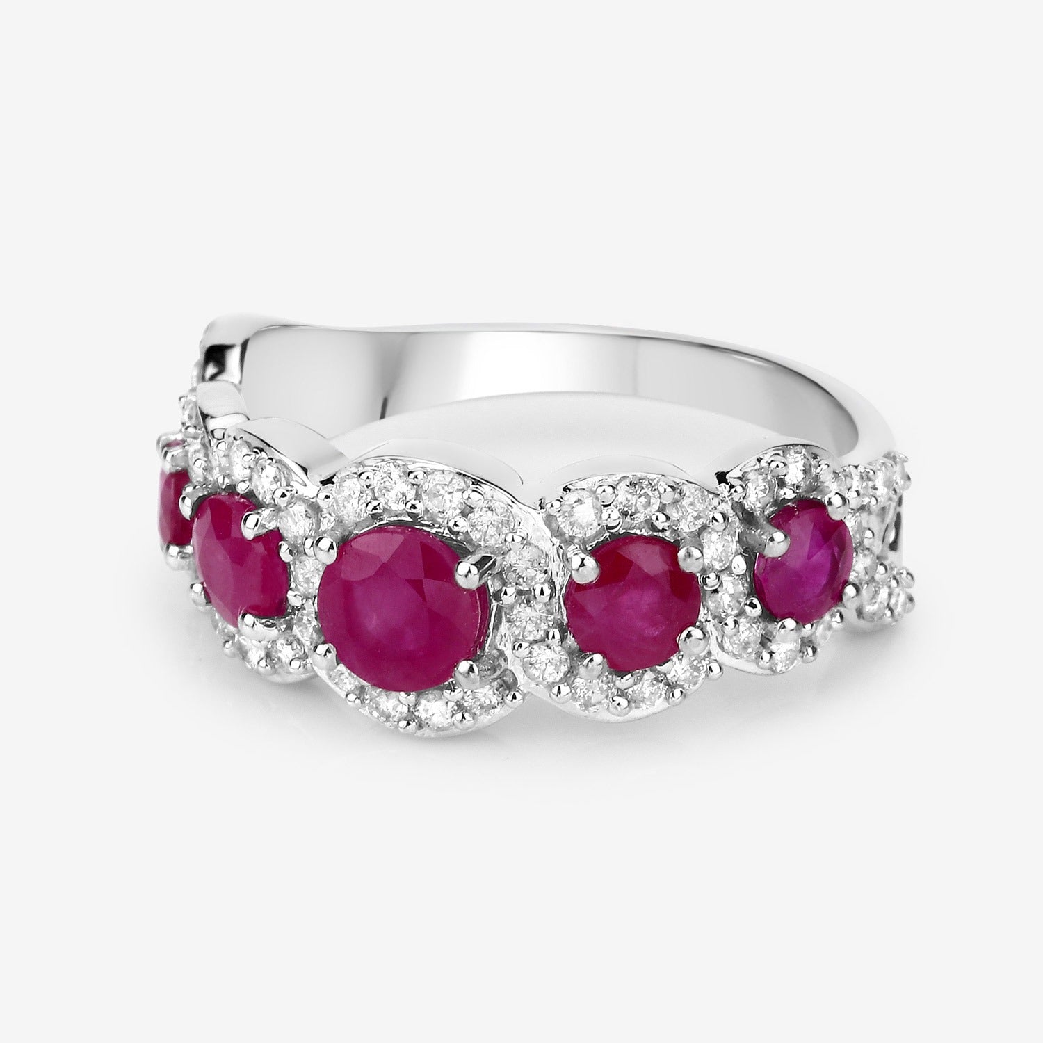 1.99 Ct Round Cut Pink Ruby and White Diamond Prong 14K White Gold Five Stone Halo Ring