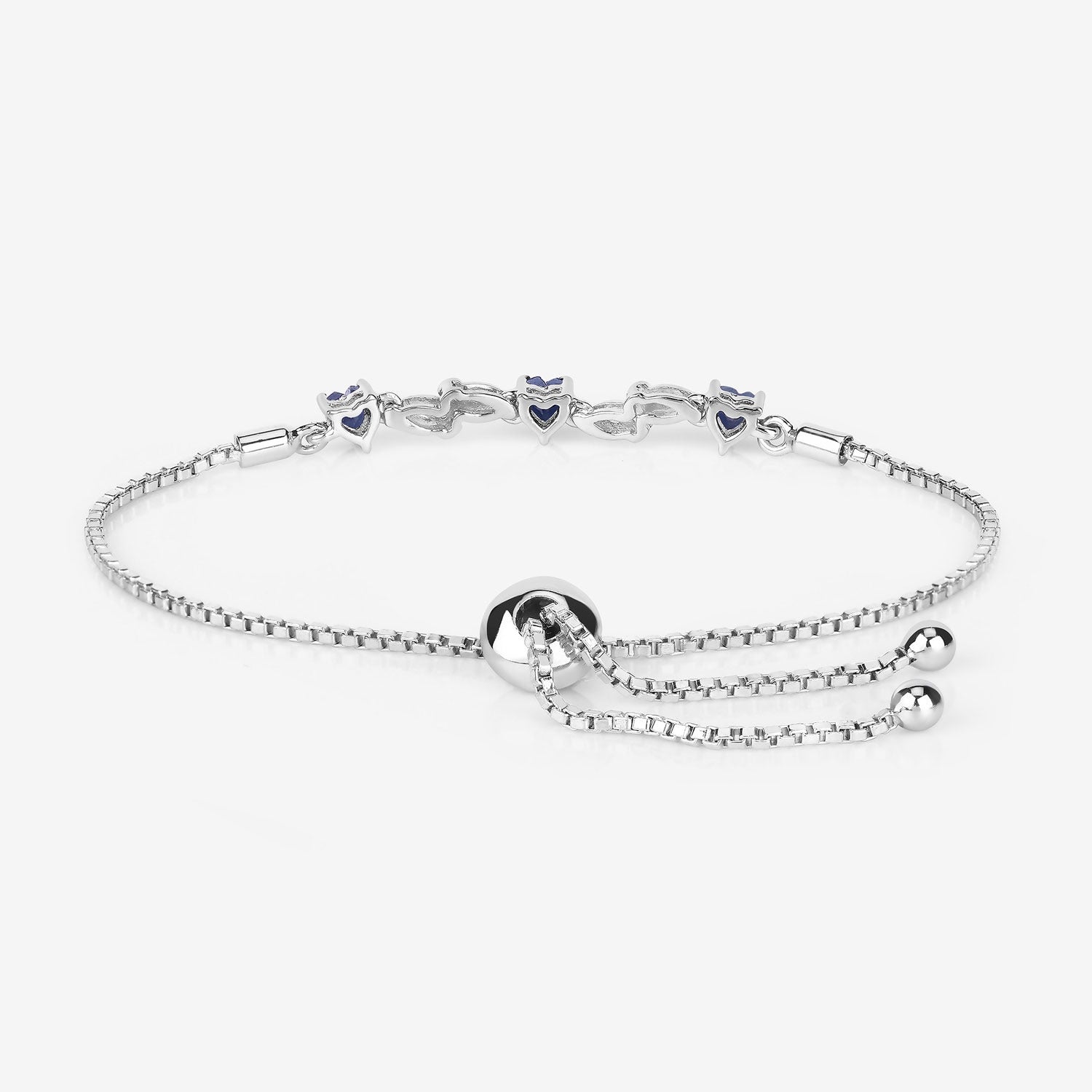 Sterling silver adjustable bracelet with blue heart charms, fine jewelry at Fine Color Jewels