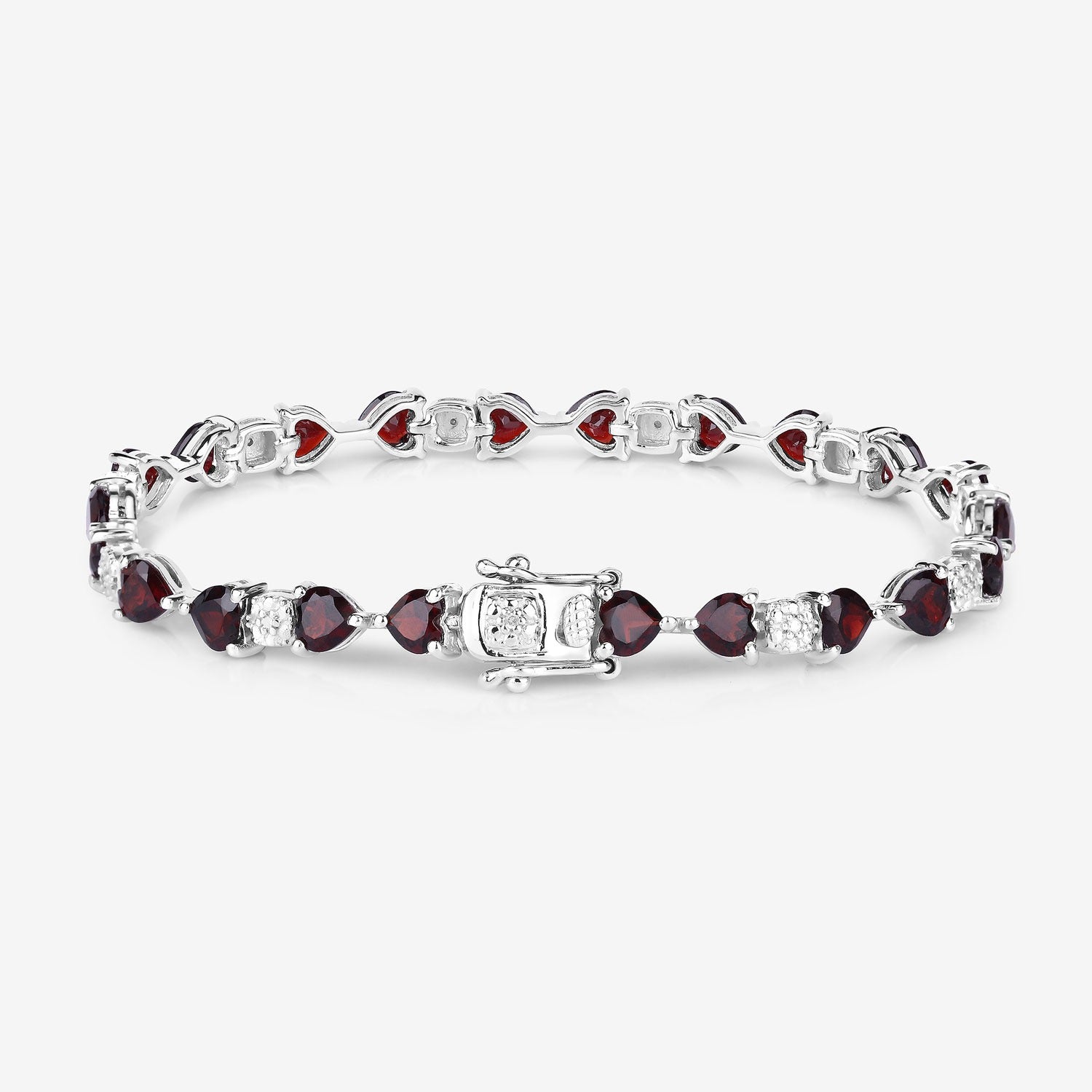 Silver tennis bracelet with heart-shaped red gemstones and diamond accents, Fine Color Jewels