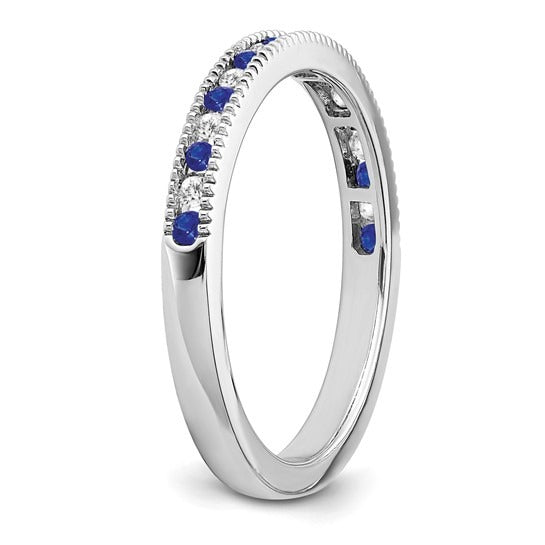 0.58 Ct Round Blue Sapphire & Diamond 14K White Gold Milgrain Band Ring