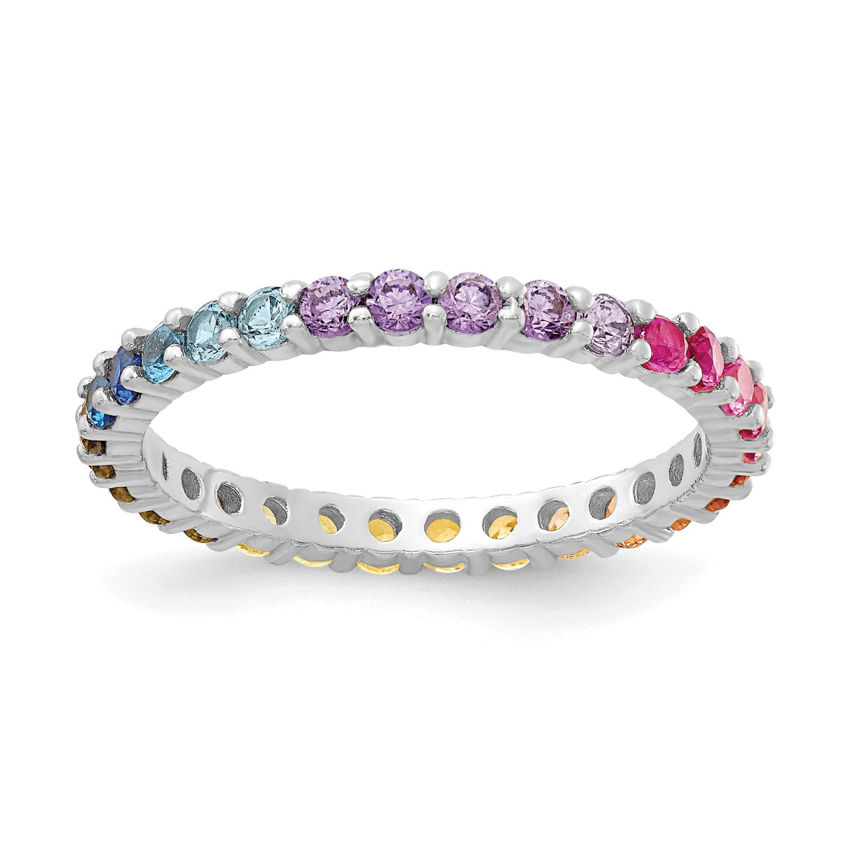 Multicolor Round CZ Channel Set Rhodium Over Sterling Silver Eternity Band Ring