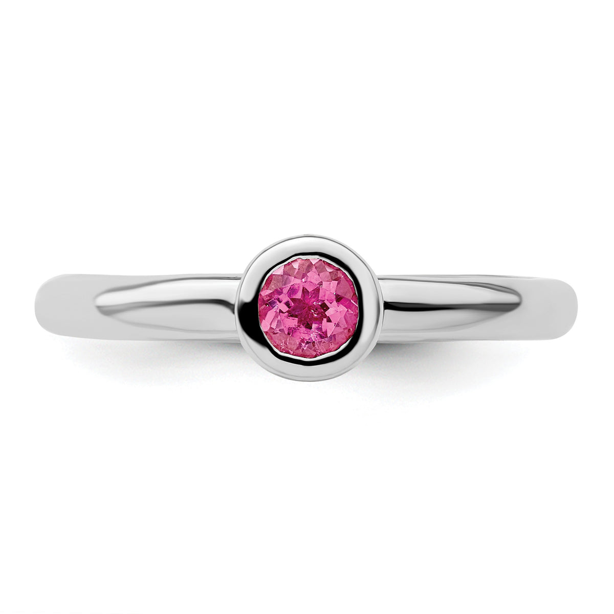 Round Blue and Pink Gemstone Bezel Set Rhodium over Sterling Silver Stackable Ring