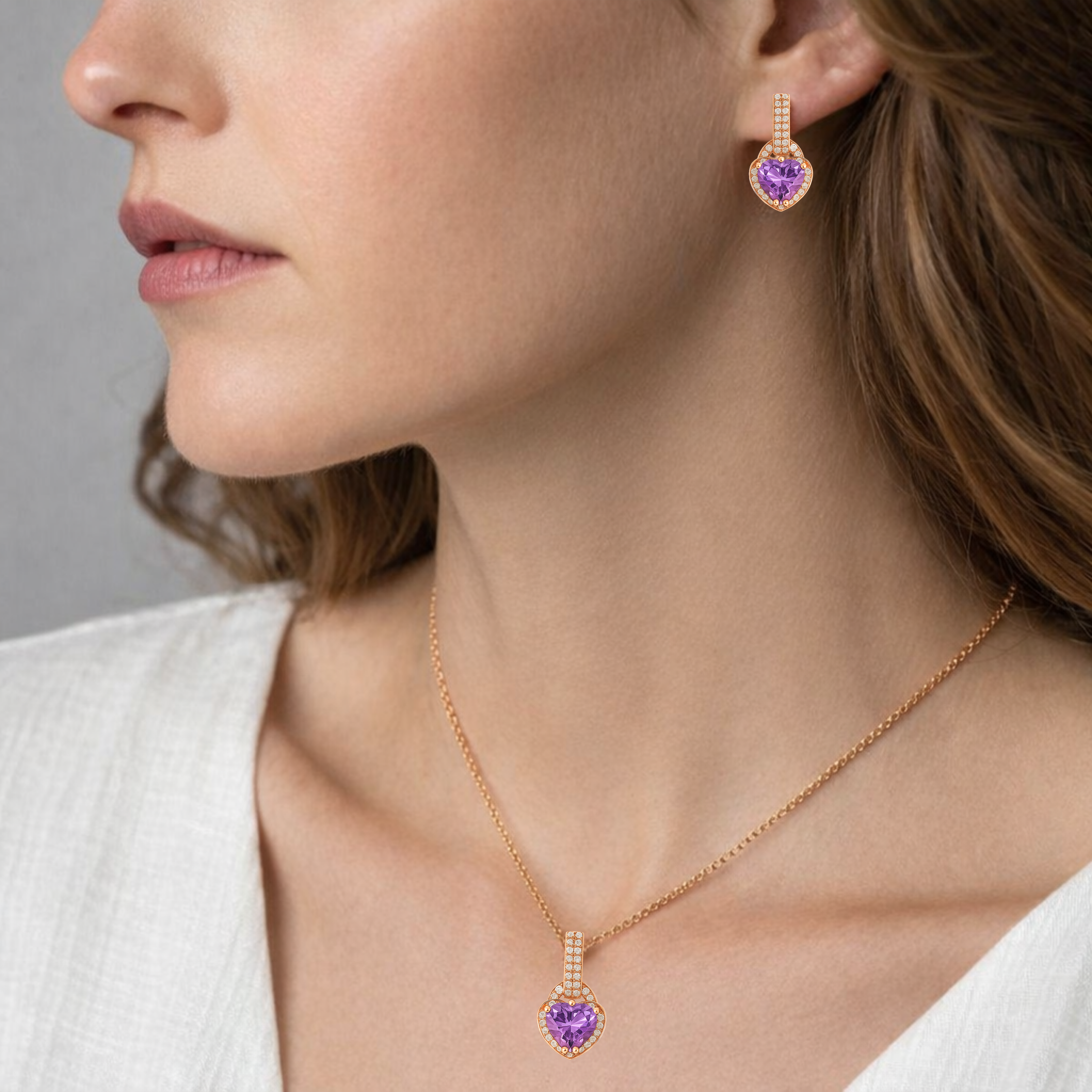 Natural Purple Amethyst Silver Heart Sterling Silver Jewelry Set