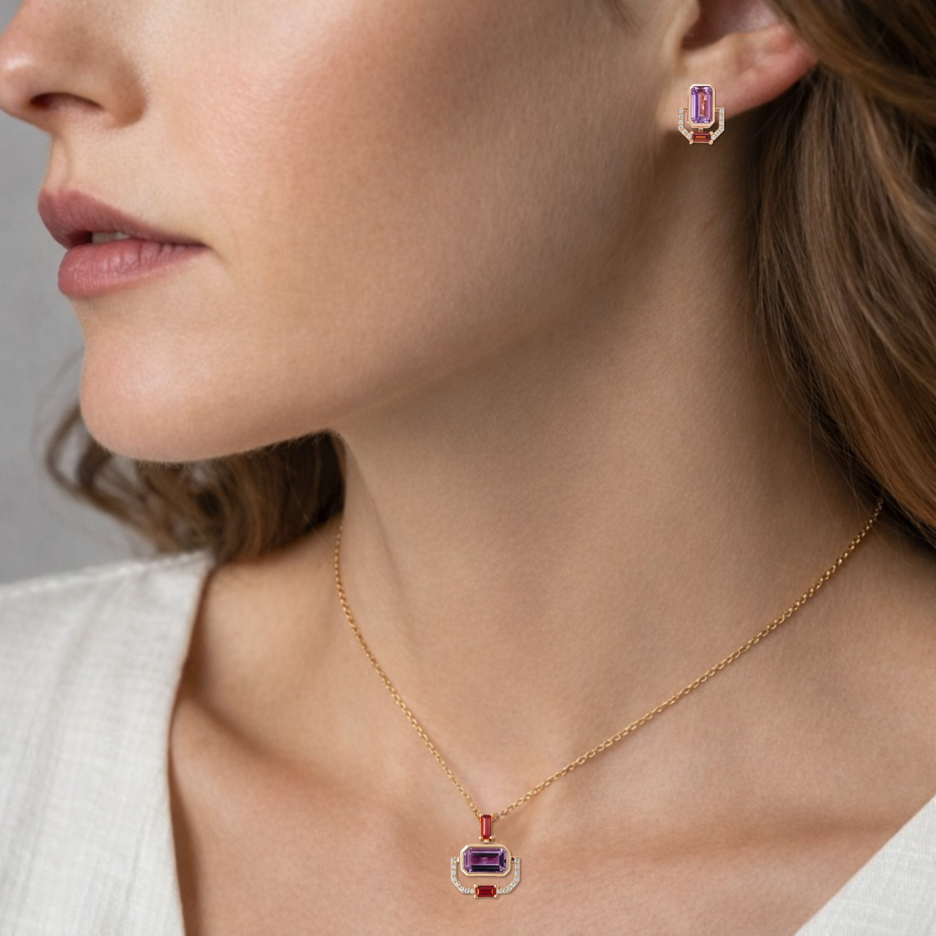 Rose Gold Emerald Cut Natural Amethyst Silver Jewelry Set
