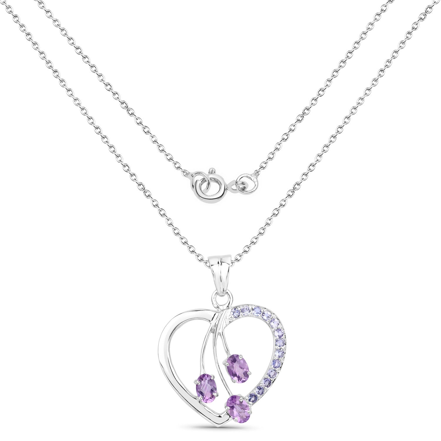 1.75 Cttw Oval Purple Amethyst Rhodium over Silver Floral Open Heart Pendant Necklace