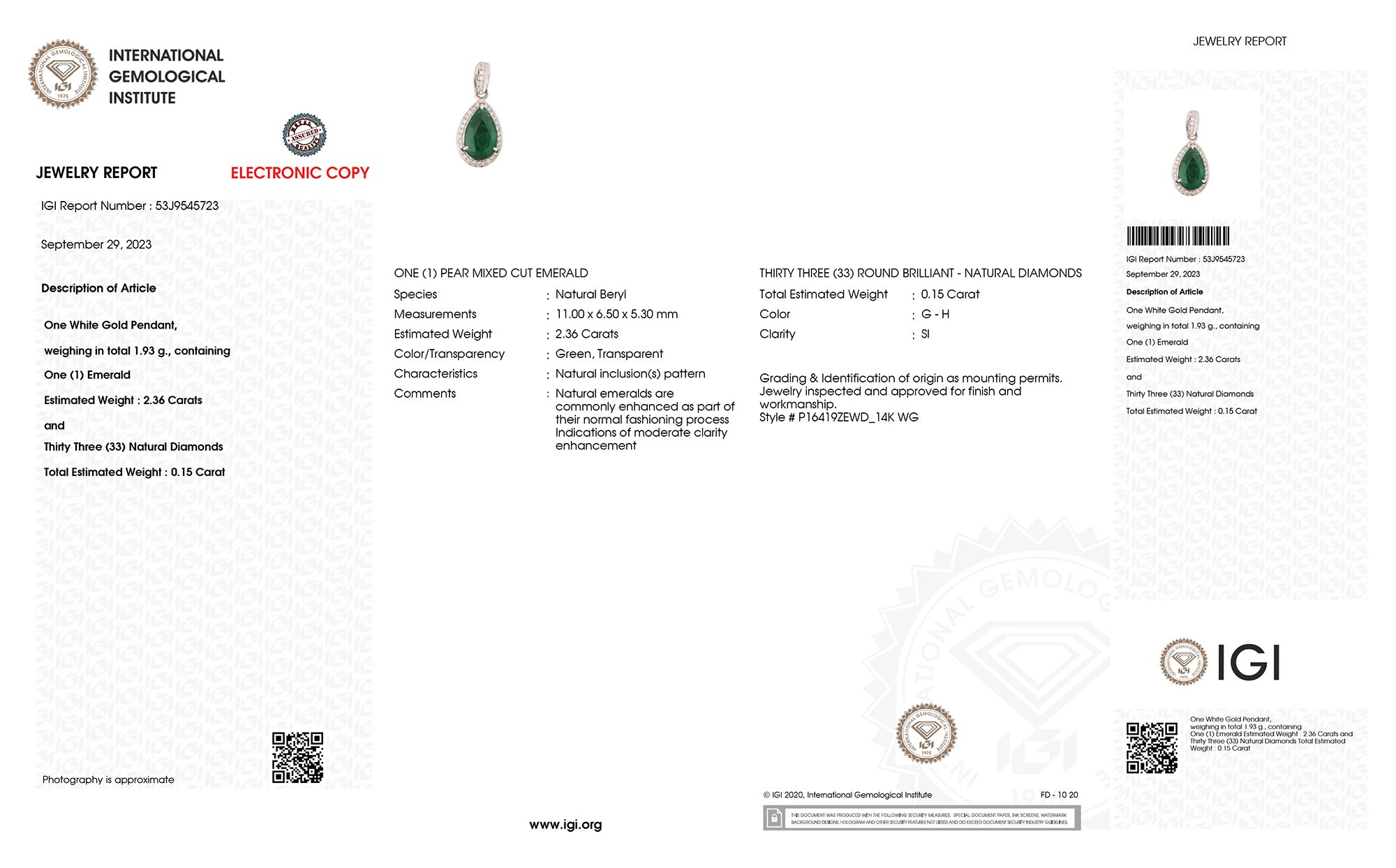 Genuine Zambian Emerald and White Diamond 14K White Gold Pendant