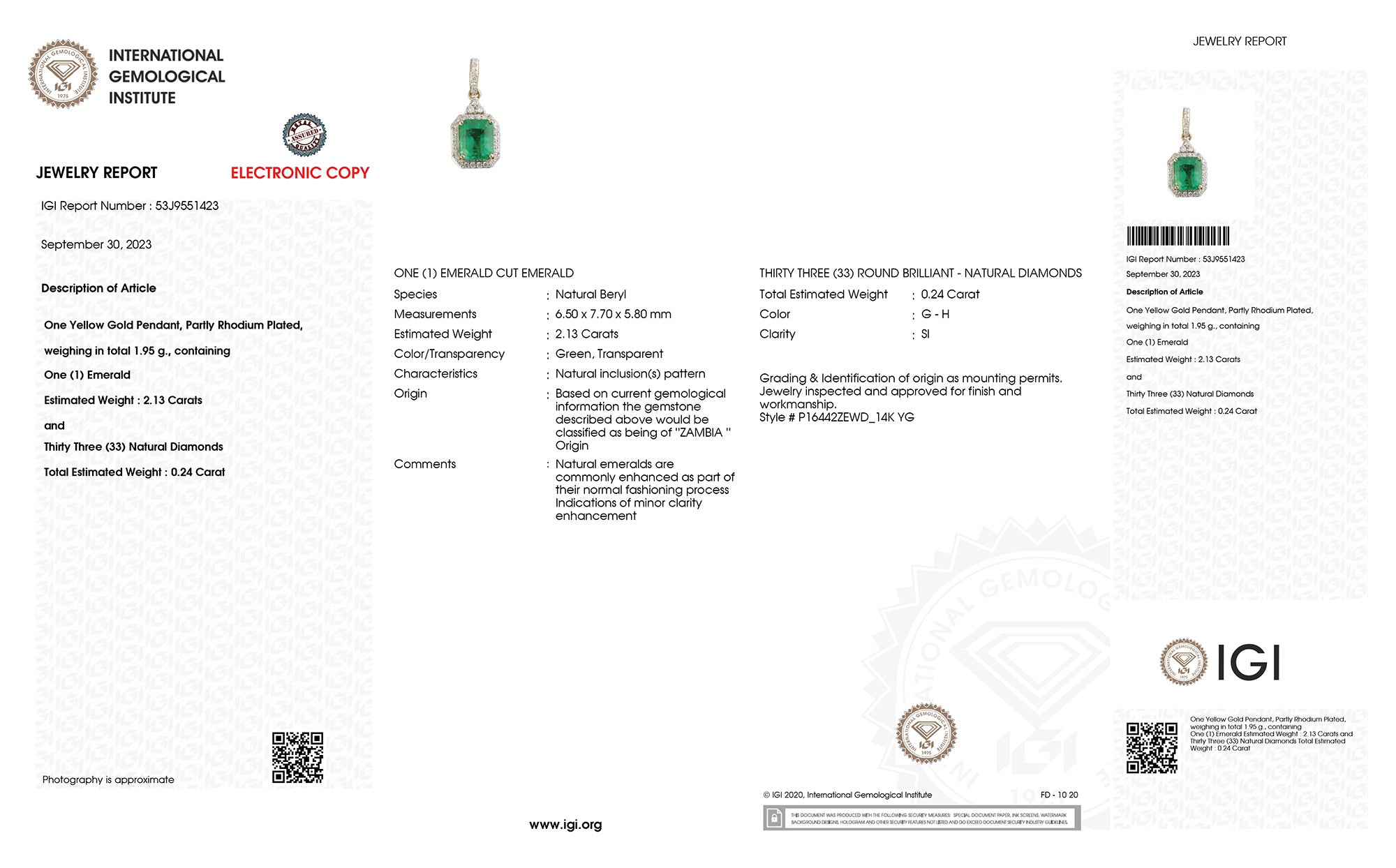 Genuine Zambian Emerald and White Diamond 14K Gold Halo Pendant