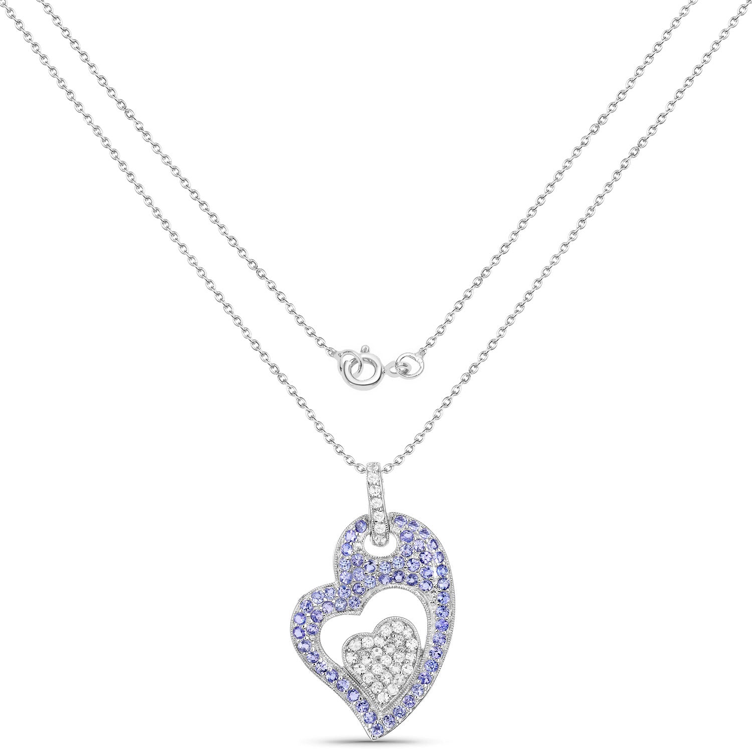 3.26 Cttw Round Violet Tanzanite Pavé Rhodium over Silver Double Heart Pendant Necklace