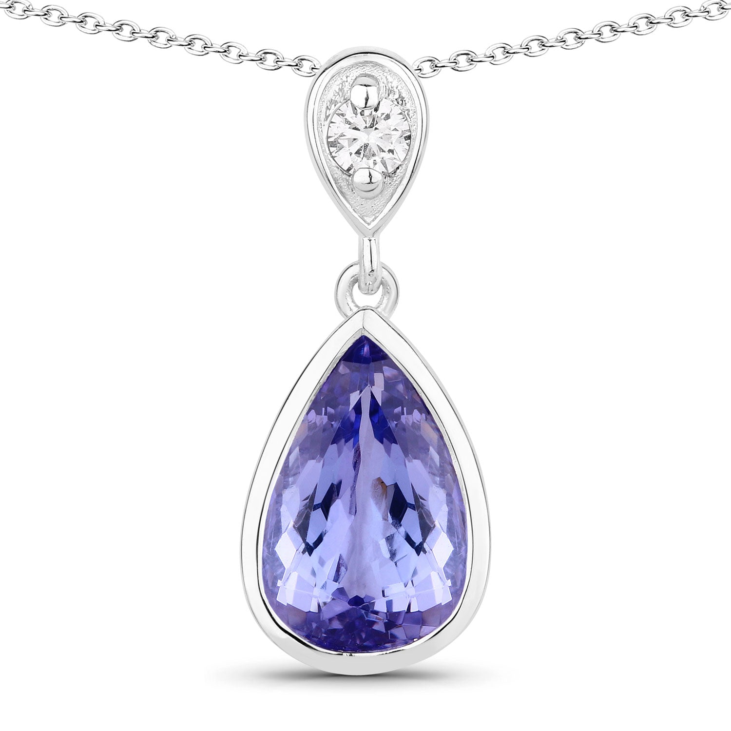3.30 Cttw Pear Violet Tanzanite and Lab Diamond Bezel Rhodium over Silver TearDrop Pendant Necklace