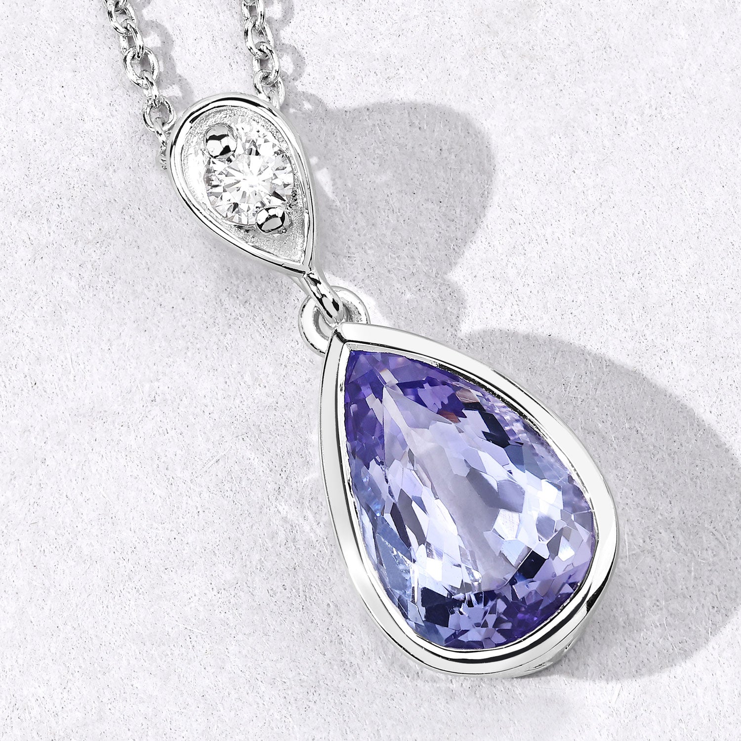 3.30 Cttw Pear Violet Tanzanite and Lab Diamond Bezel Rhodium over Silver TearDrop Pendant Necklace