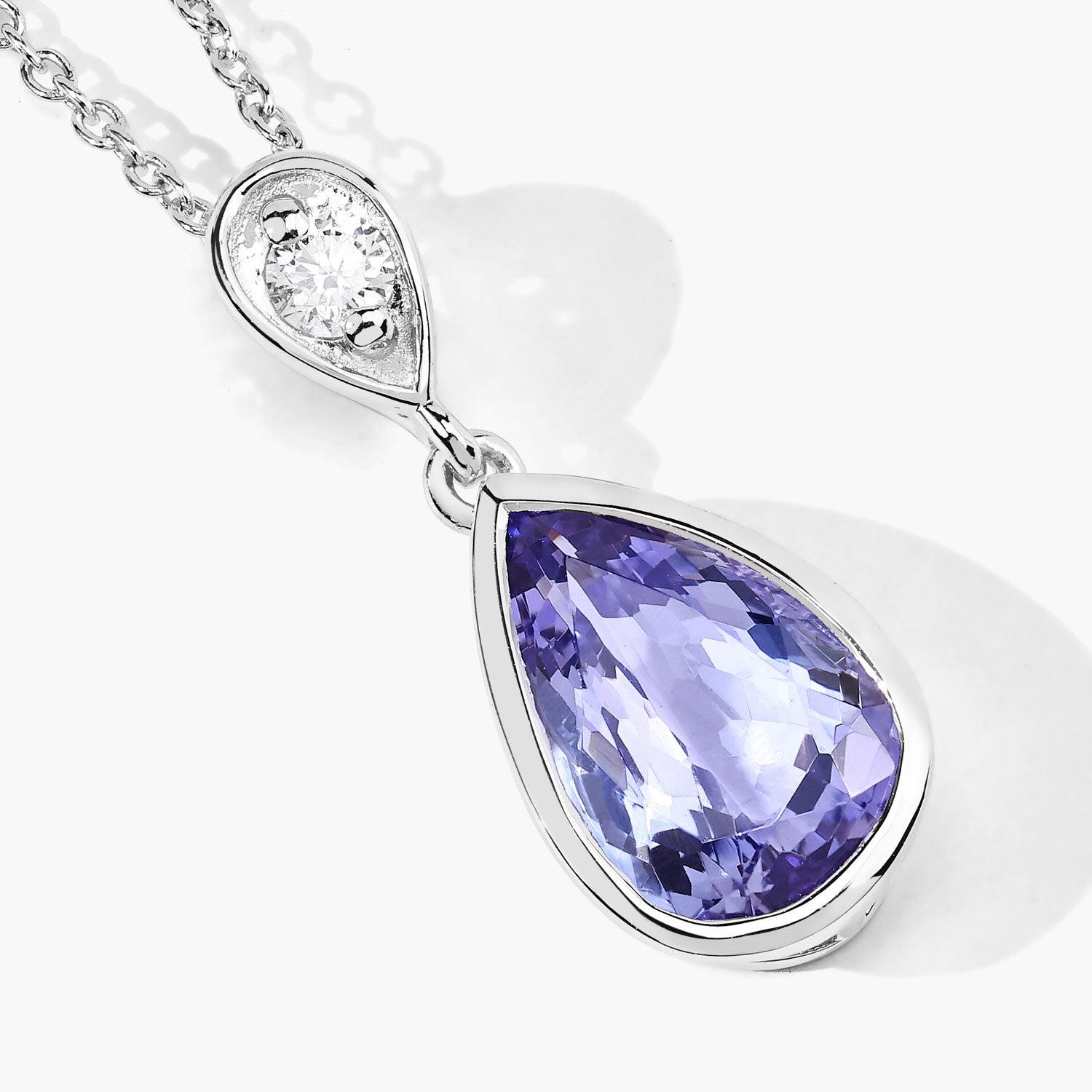 3.30 Cttw Pear Violet Tanzanite and Lab Diamond Bezel Rhodium over Silver TearDrop Pendant Necklace