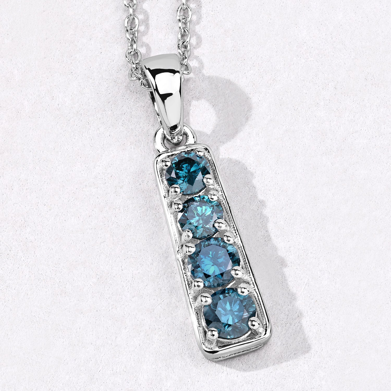 0.76 Cttw Round Teal Blue Diamond Rhodium Plated Silver Journey Bar Pendant Necklace