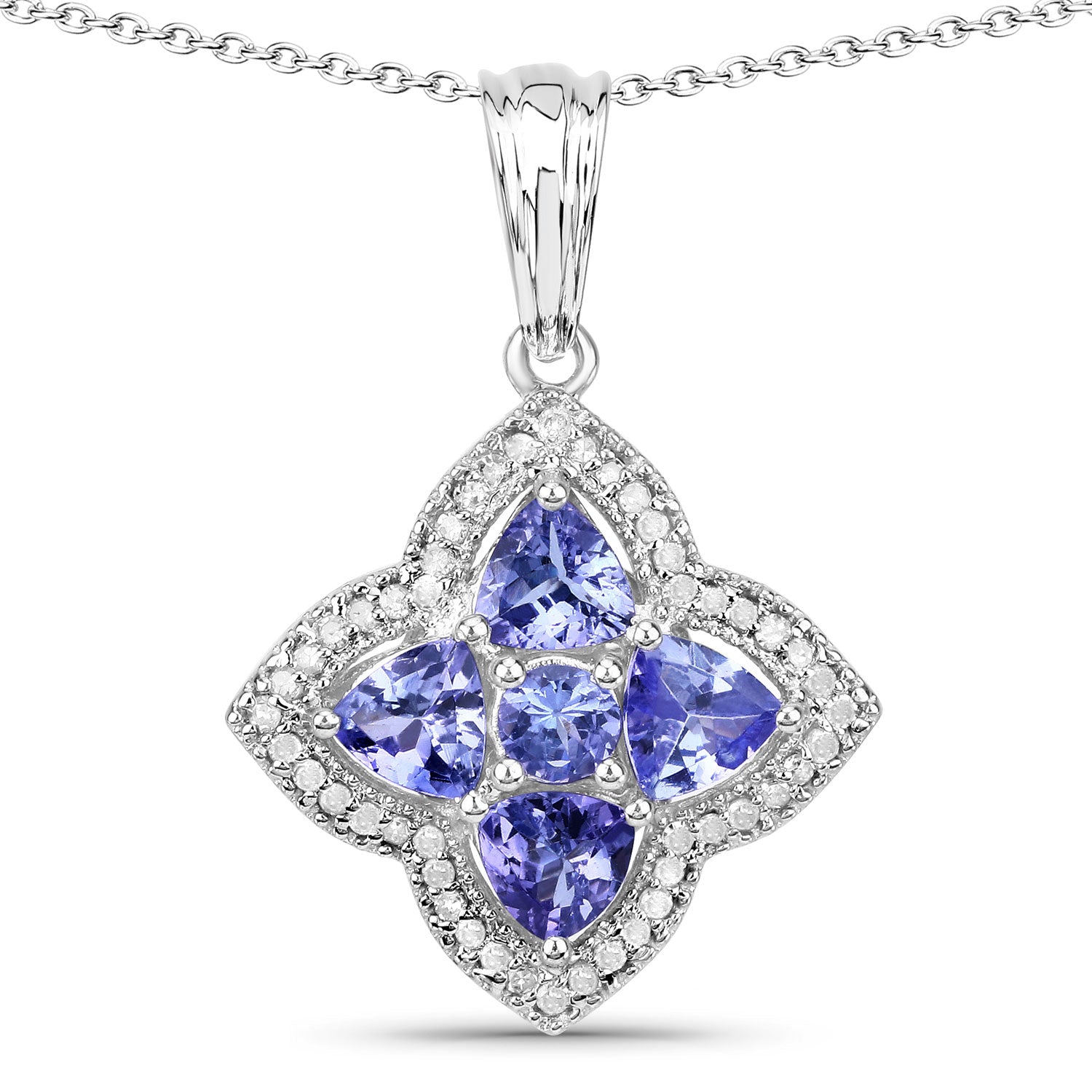 2.21 Cttw Trillion Violet Tanzanite and Diamond Halo Rhodium over Silver Quatrefoil Pendant Necklace