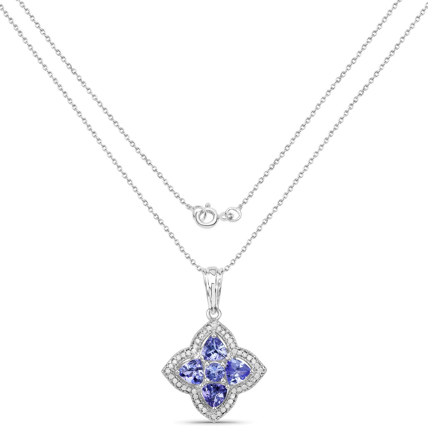 2.21 Cttw Trillion Violet Tanzanite and Diamond Halo Rhodium over Silver Quatrefoil Pendant Necklace