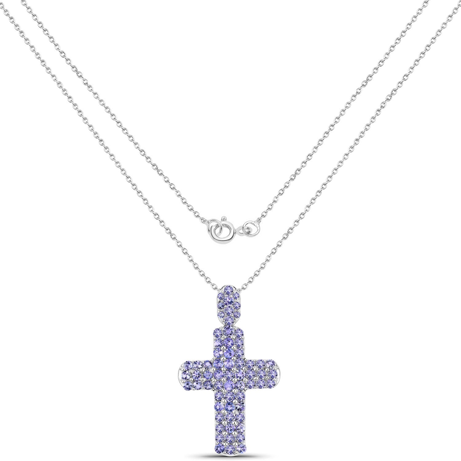 3.27 Cttw Round Violet Tanzanite Pavé Rhodium over Silver Cross Pendant Necklace