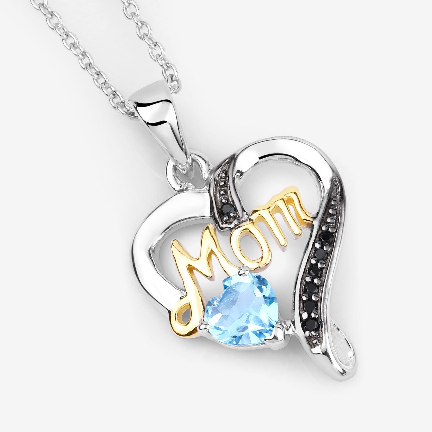 Genuine Swiss Blue Topaz Silver Mom Pendant Necklace