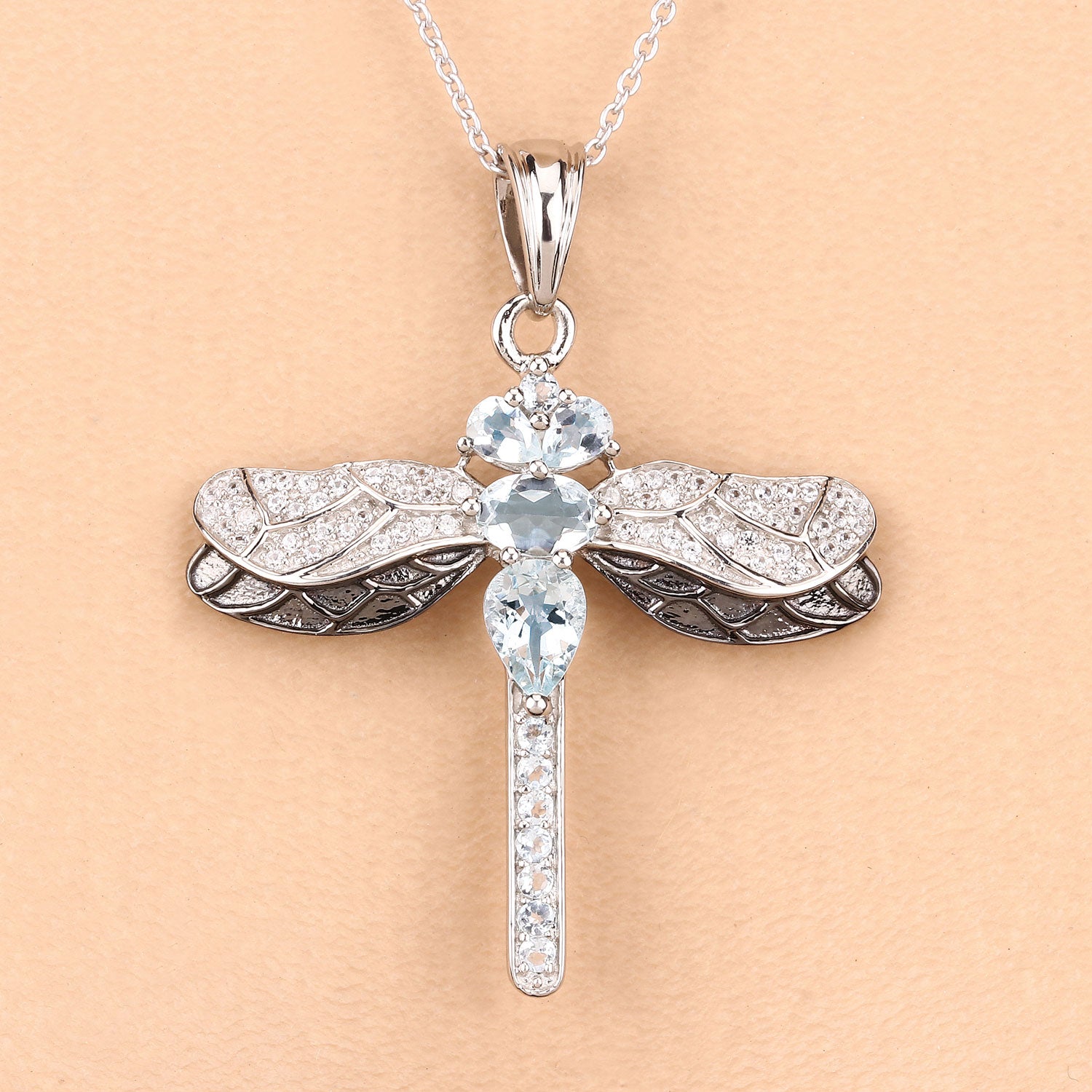 Blue Genuine Aquamarine Sterling Silver Dragonfly Necklace